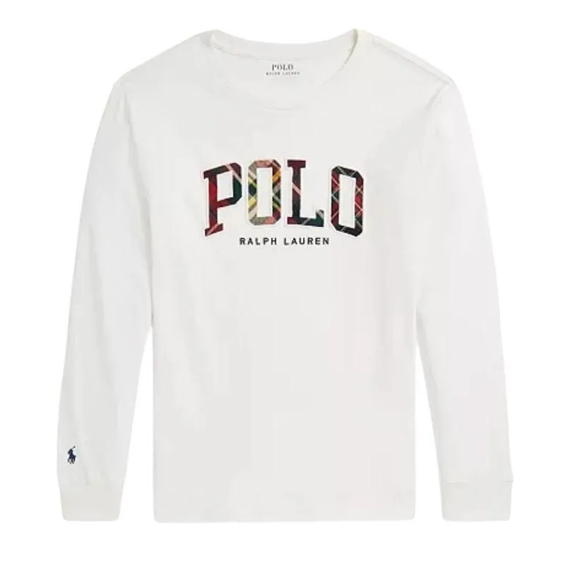 Product image for Polo Ralph Lauren Plaid-Logo Cotton Jersey Long Sleeve Tee in Cream, Size L - new-with-tags - Polo Ralph Lauren