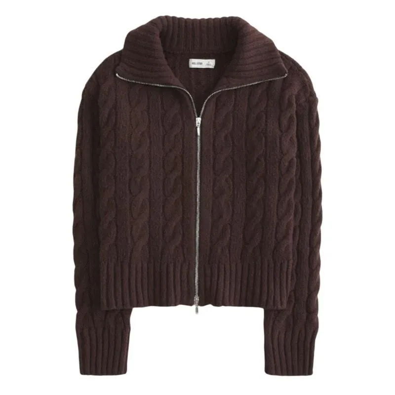 Product image for Hollister Comfy Cloud Zip-Up Cable-Knit Sweater in Brown, Size S - new-with-tags - Hollister