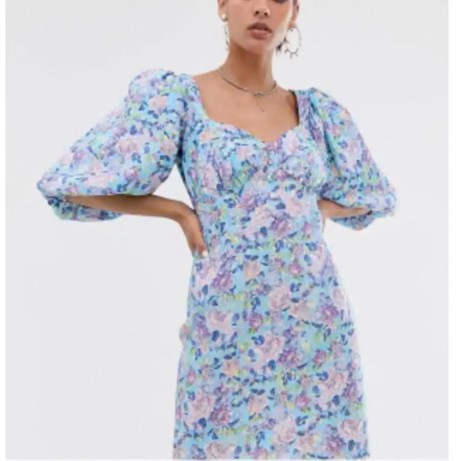 Product image for RECLAIMED VINTAGE blue/purple rose floral puff sleeve mini dress size 6 summer - pre-owned---excellent - Reclaimed Vintage