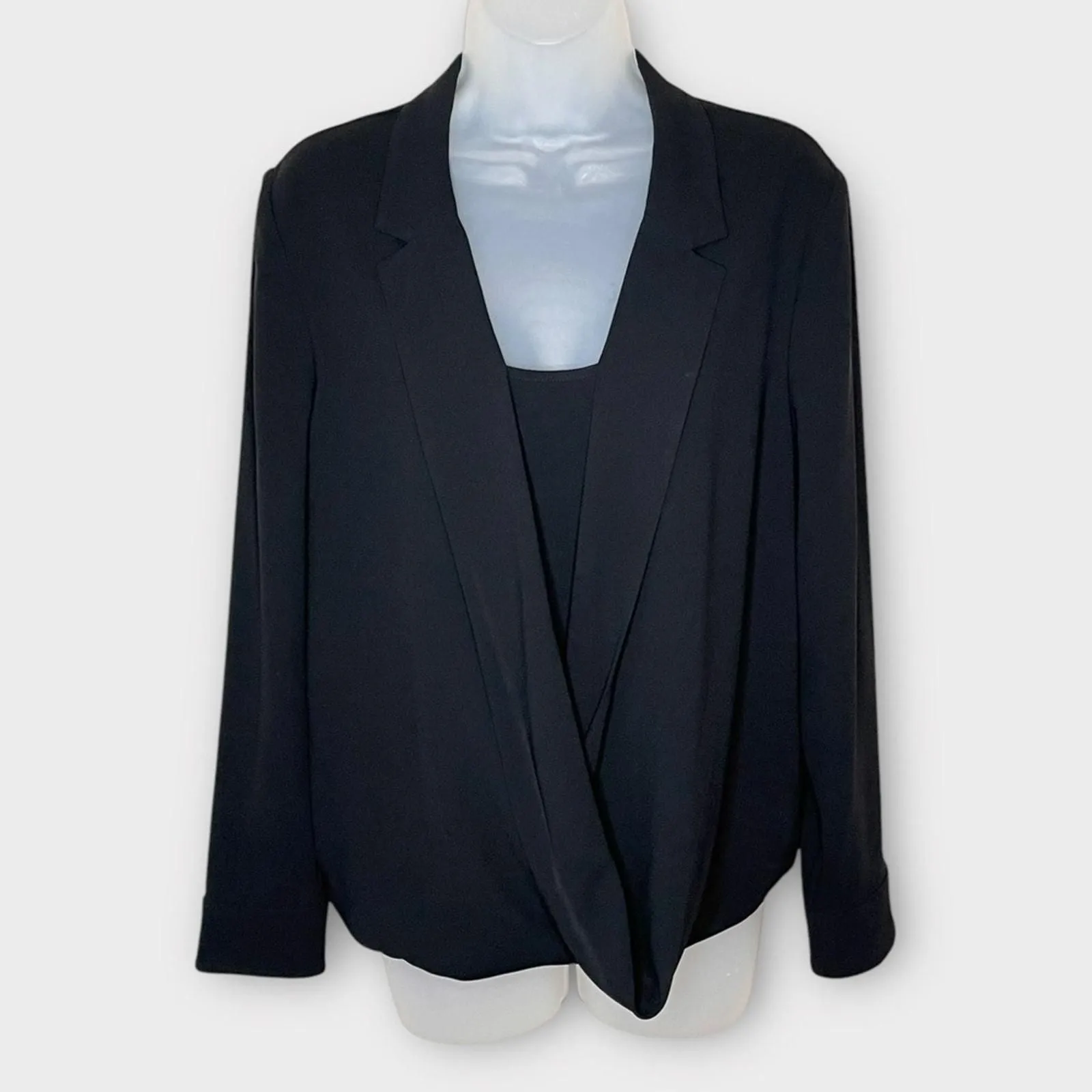 Product image for MM LAFLEUR black layered surplice front faux wrap blouse size medium minimalist - pre-owned---excellent - MM Lafleur