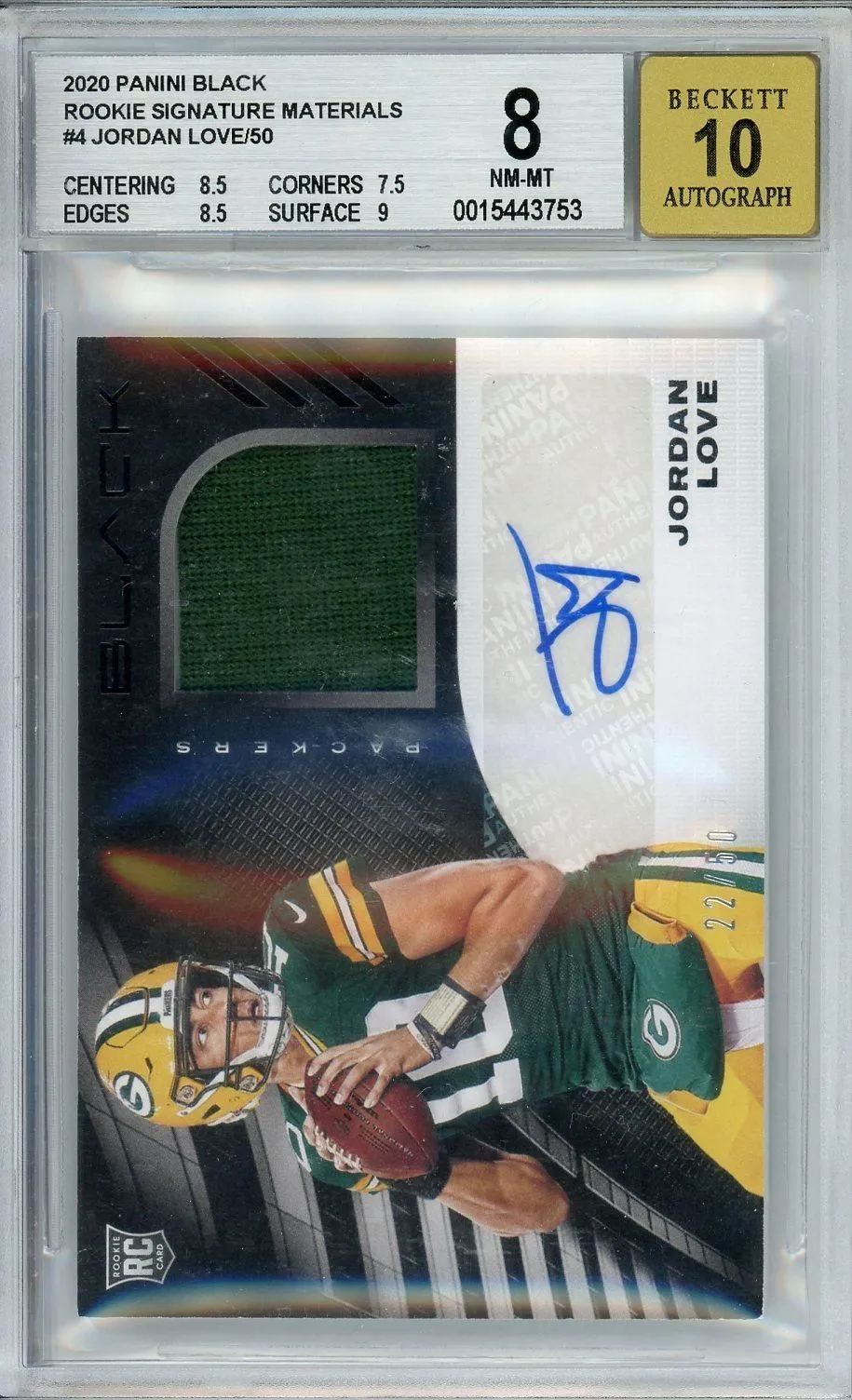 Product image for 2020 Panini Black Rookie Signature Materials Jordan Love /50 #4 BGS 8 - Jordan Love - 2020 - 10 - Football - 4 - /50 - Panini - Jordan Love - 2020 Panini Black Rookie Signature Materials - 3