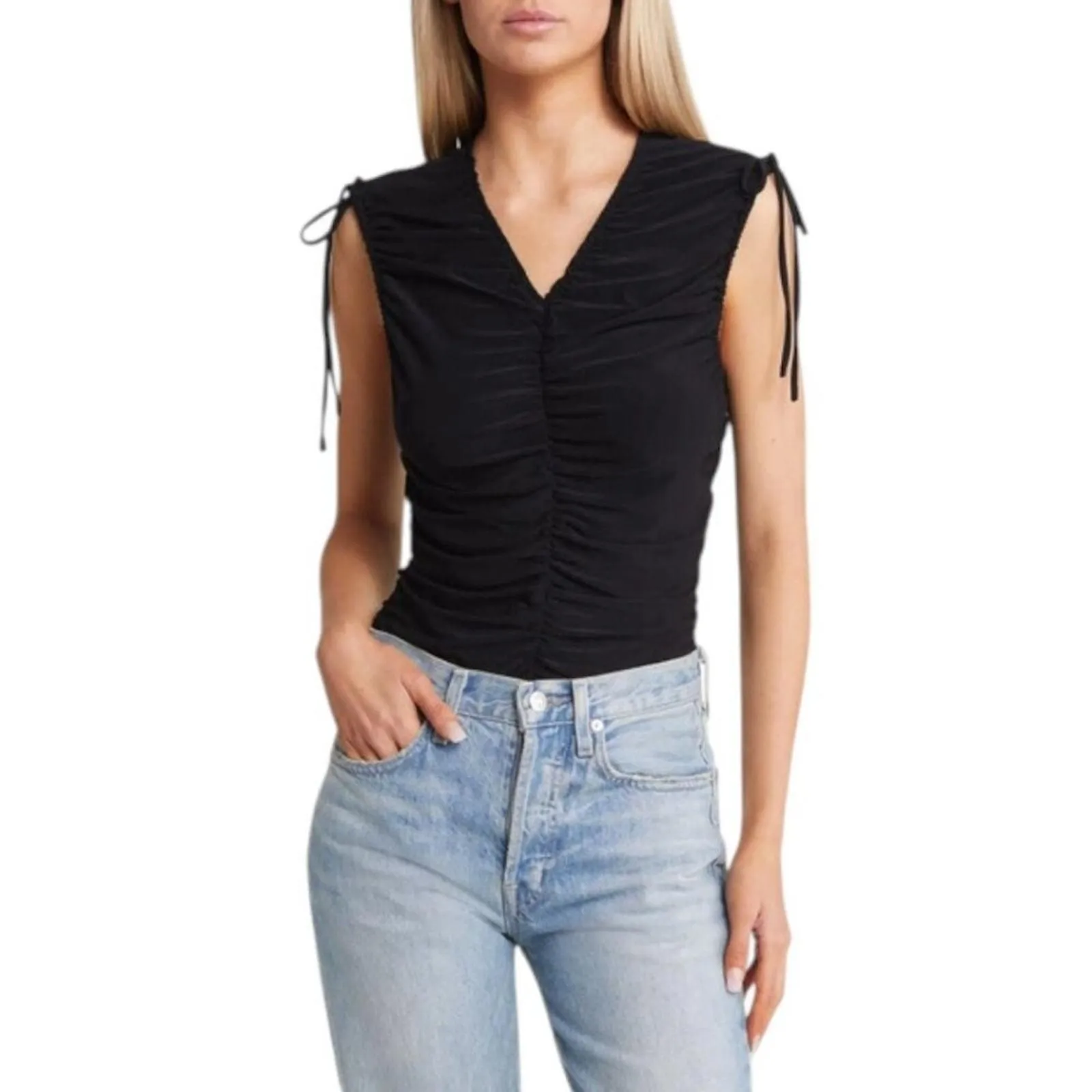 Product image for Open Edit Ruched Sleeveless Top In Black Size Medium NWT $39 MSRP - Open Edit