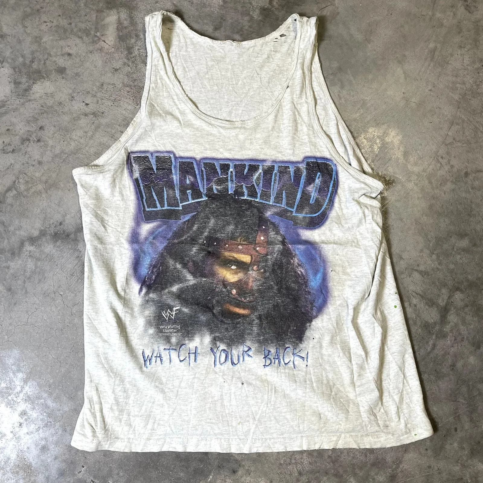 Product image for Vintage WWE WWF Mankind Watch Your Back T-Shirt Tank Top - pre-owned---good - WWE