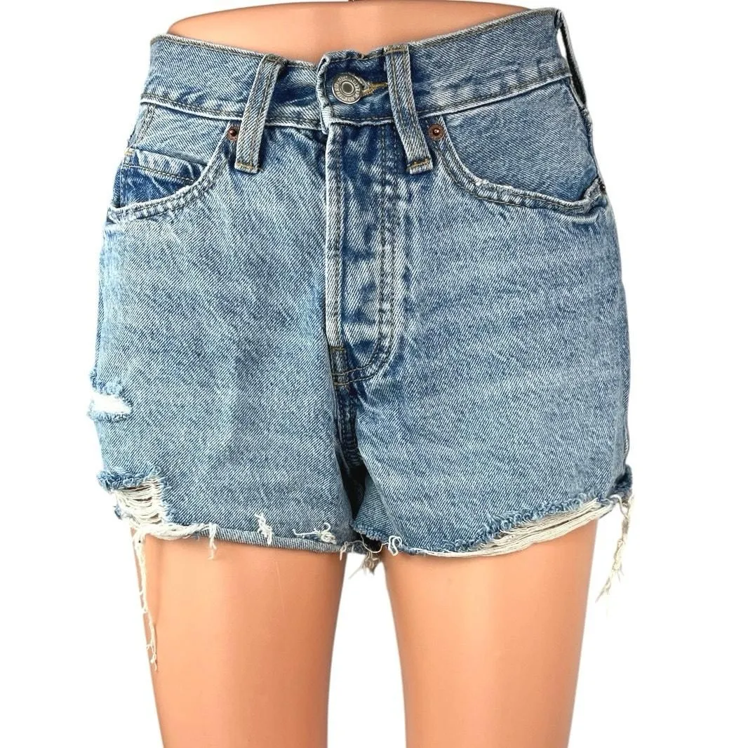 Product image for Old Navy Blue Medium Wash Sky Hi A Line Distressed Denim Jean Shorts Size 0 - 0 - Bottoms - pre-owned---good - Old Navy