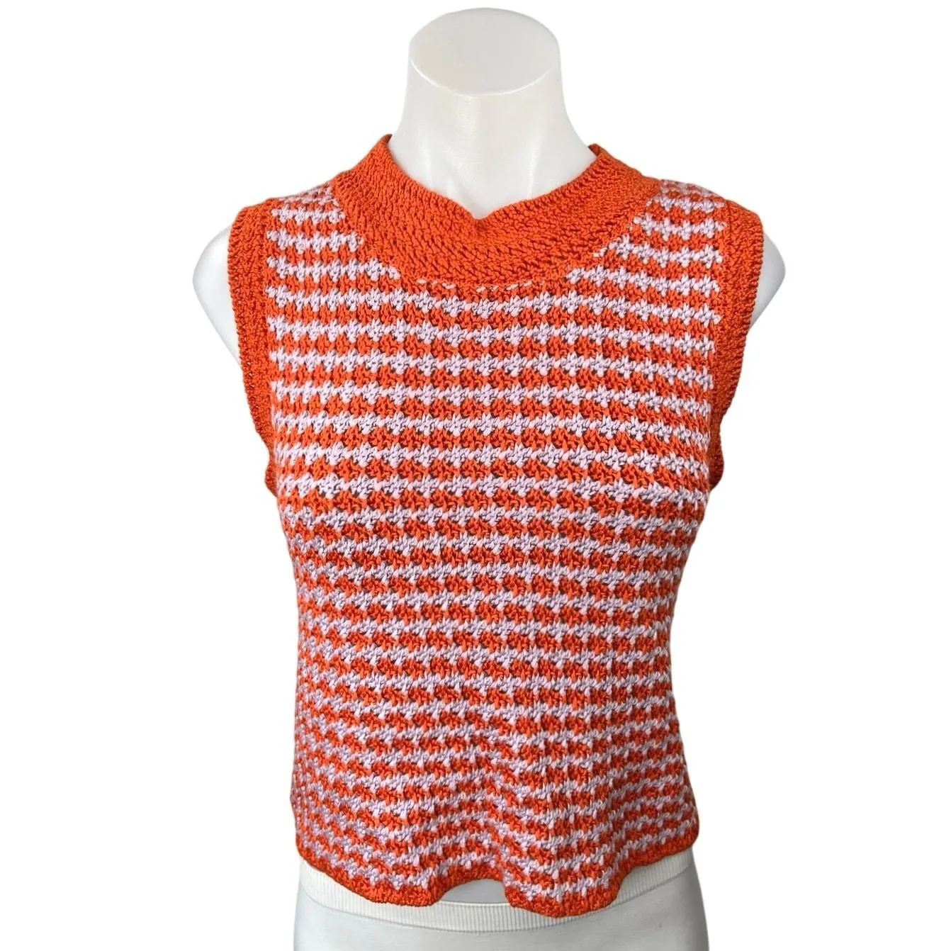 Product image for Zara Orange Multicolor Checkered Crochet Knit Sleeveless Sweater Vest Tank Top M - Tops - M - pre-owned---good - Zara