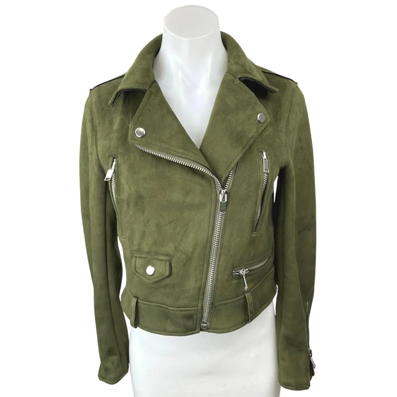 Product image for Zara Olive Green Suede Asymmetrical Zip Up Crop Moto Biker Jacket Blazer Coat XS - N/A - Outerwear - XS - pre-owned---good - Zara
