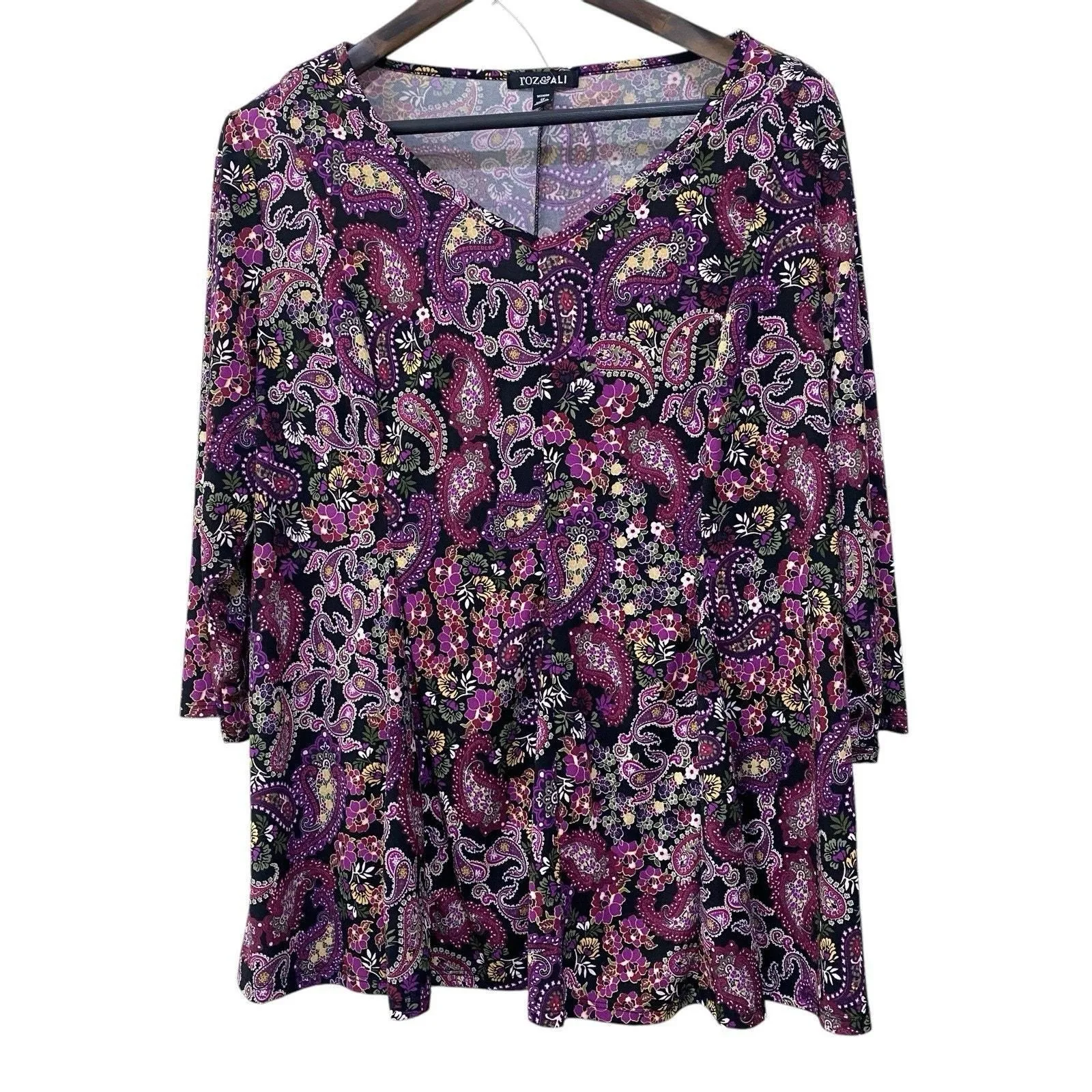 Product image for Roz & Ali Top Blouse Women Plus Sz 1X Sleeve V Neck Floral Paisley Spring - 1X - Tops - pre-owned---excellent - Roz And Ali