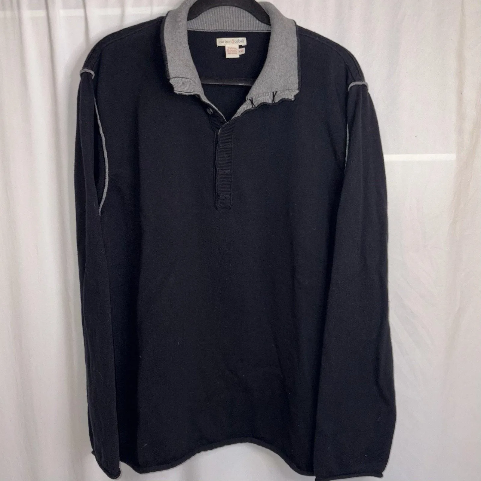 Product image for Carbon 2 Cobalt Mens Size XXL Pullover Sweater Black Raw Edge Cashmere Cotton - Carbon 2 Cobalt