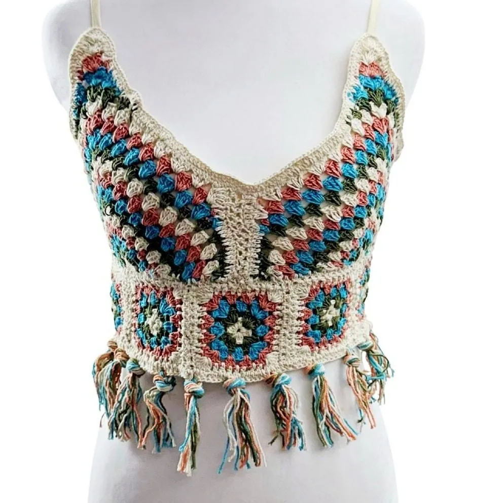 Product image for B*O*G Collective Crochet Tank Top Orange Cream Teal Peach Cropped Fringe Boho - new-without-tags - B.O.G Collective