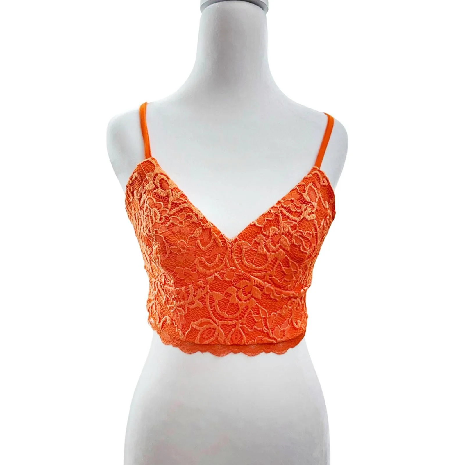 Product image for VTG Y2K Bebe Neon Orange Lace Overlay Bustier Tank Adj Stap Back Zip Stretch XS - Bebe