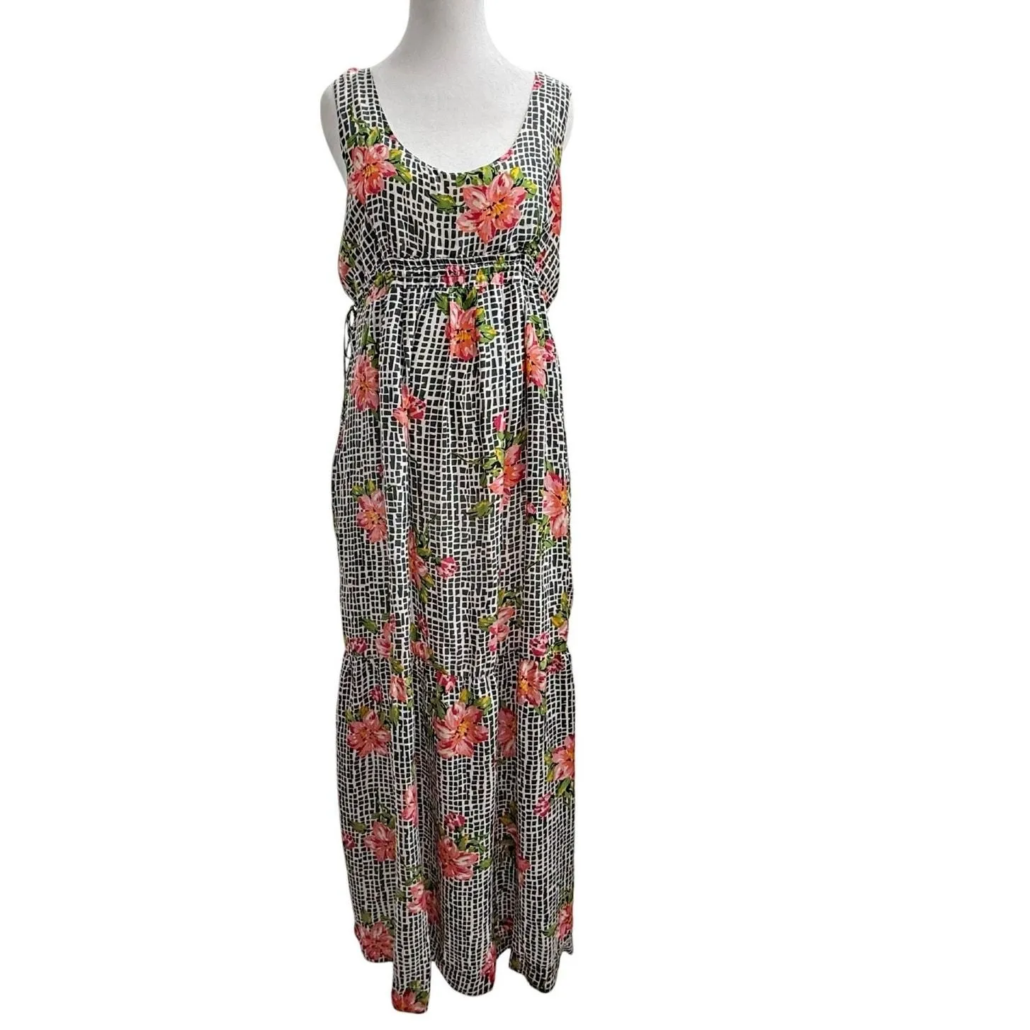 Product image for Johnny Was 100% Silk Black White Geo Block Pink Floral Tiered Maxi Dress Sz M - Johnny Was