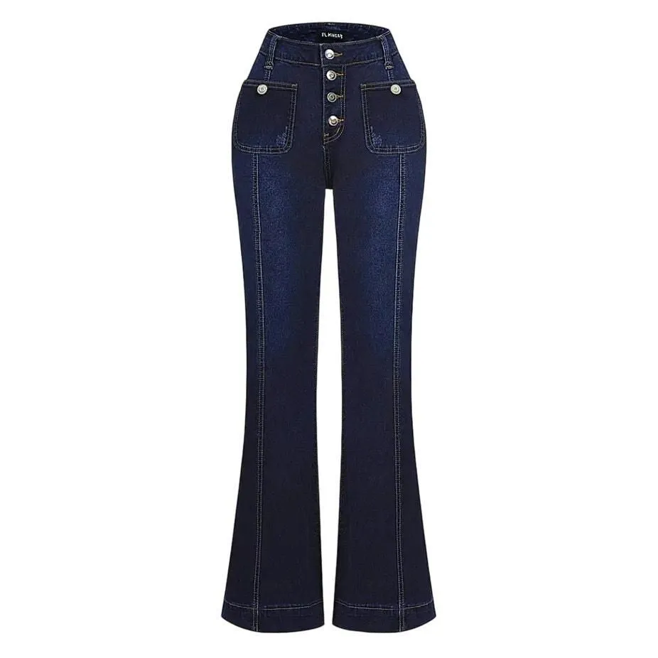 Product image for Flamingals Wash Button Fly Seam Front High Rise Flare Jeans in Blue, Size S(4/6) - new-with-tags - Flamingals