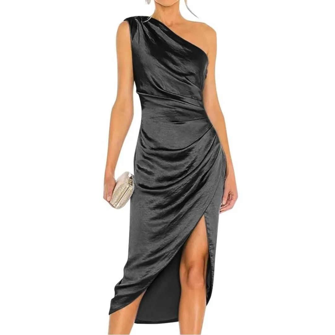 Product image for Ryanth One Shoulder Midi Slit Dress in Black, Size 6 - new-with-tags - Ryanth