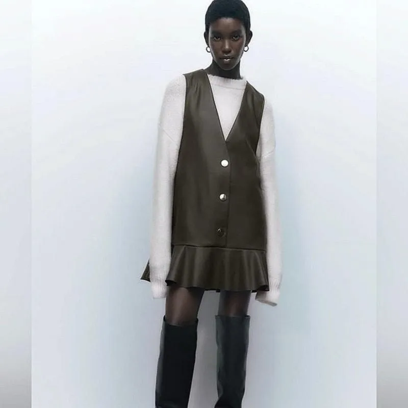 Product image for NEW Zara Green Faux Vegan Leather Sleeveless Button V-neck Ruffle Mini Dress M - Dresses - M - new-with-tags - Zara
