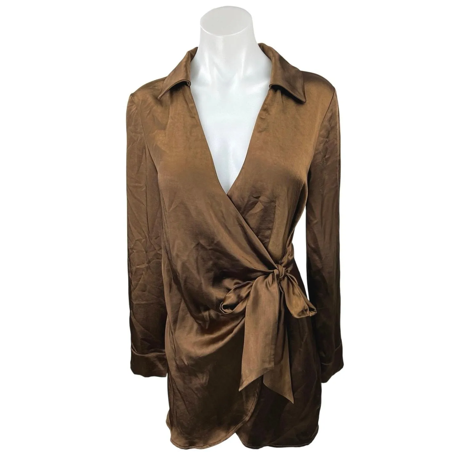 Product image for Garota Brown Silk Satin Long Sleeve Collar V-neck Mini Wrap Shirt Dress Size S - Dresses - S - pre-owned---good - Garota