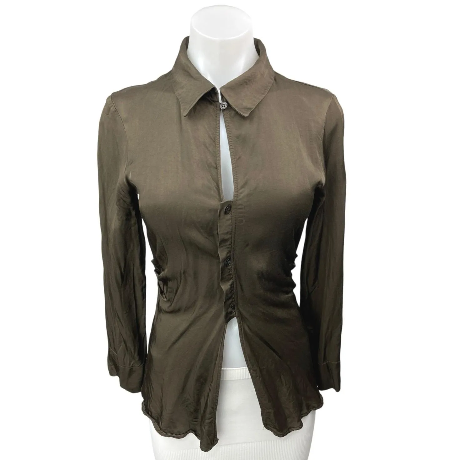 Product image for Zara Brown Satin Silk Keyhole Long Sleeve Fitted Button Down Shirt Top Size XS - Tops - XS - pre-owned---excellent - Zara