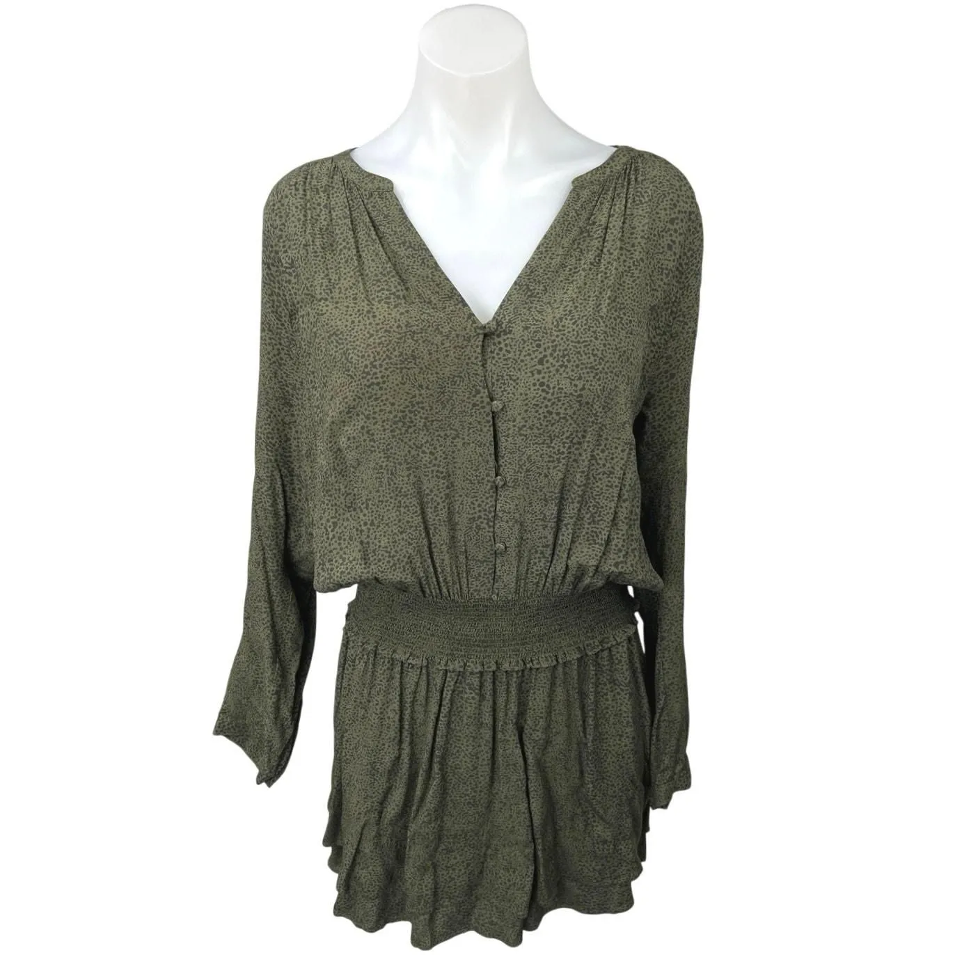 Product image for Rails Jasmine Olive Speckled V-neck Long Sleeve Smocked Waist Mini Dress Size L - Dresses - L - pre-owned---good - Rails
