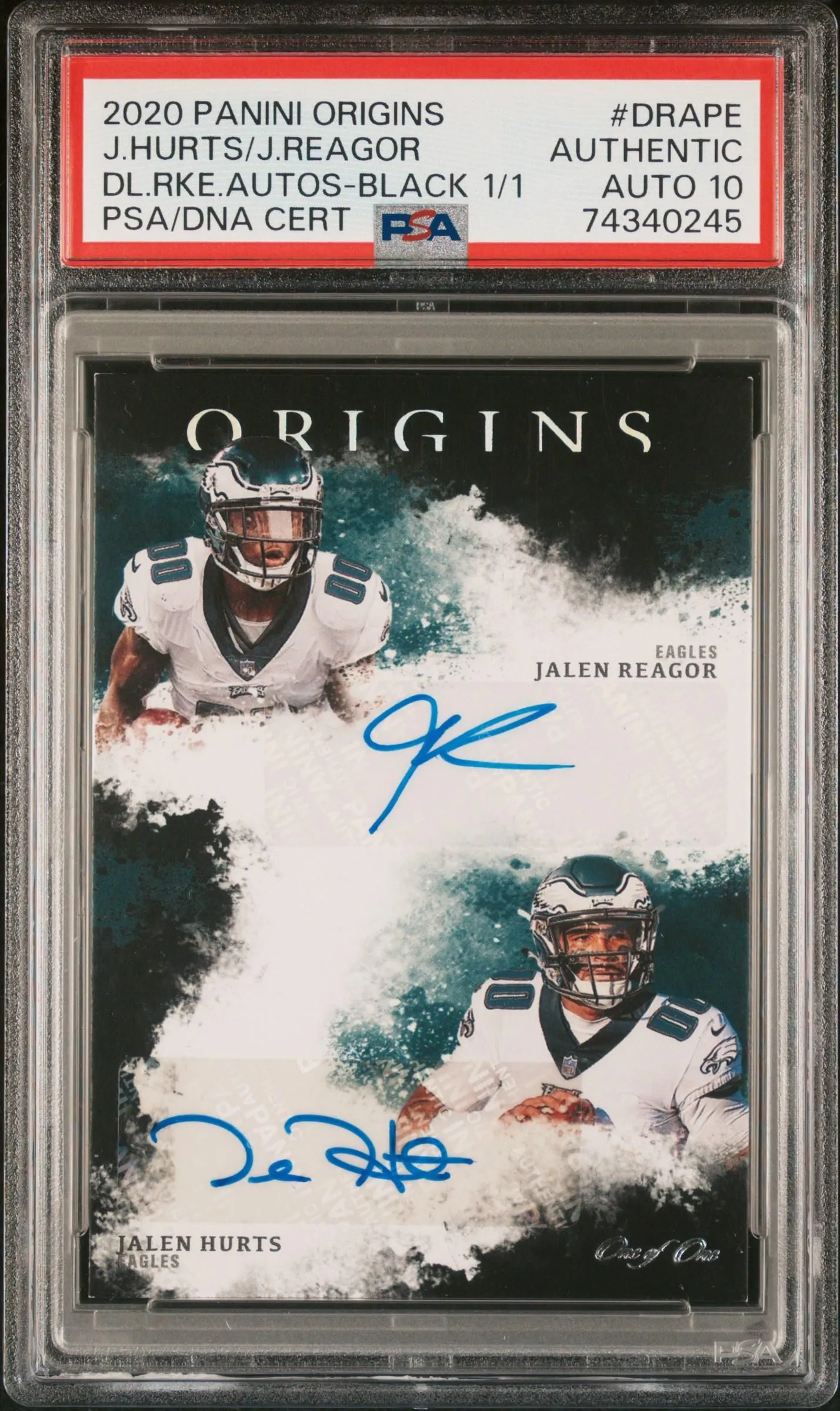 Product image for 2020 Panini Origins Dual Rookie Autographs J. Reagor J. Hurts RC Dual Auto #1/1 - Jalen Hurts, Jalen Reagor, J.Hurts/J.Reagor - 2020 - Football - 10 - DRAPE - Panini - J. Hurts, J. Reagor - 2020 Panini Origins Dual Rookie Autographs - 1 - 0