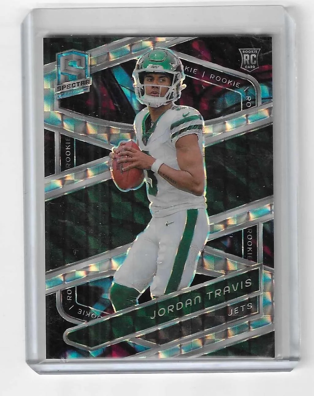 Product image for 2024 Spectra Jordan Travis Holo RC #49/60--Jets - Football - RC - Panini - Jordan Travis - Spectra - Jets - No - Holo