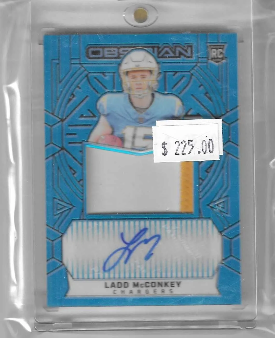 Product image for 2024 Obsidian Ladd McConkey RC Auto Patch #8/25--Chargers  - Football - RC - Ladd McConkey - Obsidian - Chargers - Yes