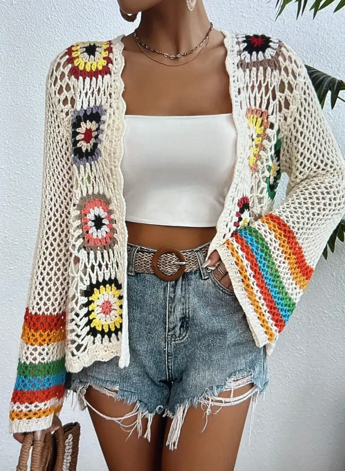 Product image for Retro Crochet Open Front Long Sleeve Boho Cardigan Beige size S (4) - new-with-tags - Unbranded