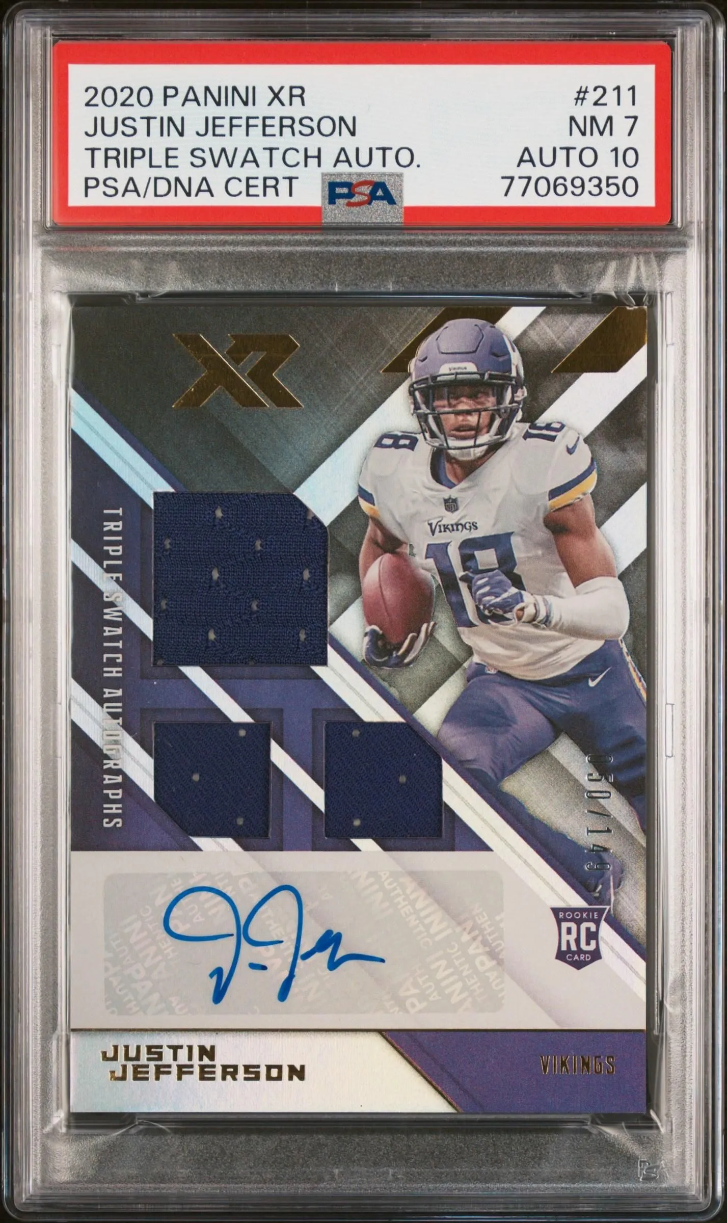 Product image for 2020 Panini XR Justin Jefferson #211 Triple Swatch Autograph PSA 7 Auto 10 - Justin Jefferson - 2020 - Football - 10 - 211 - Panini - Justin Jefferson - 2020 Panini XR - 2 - 3