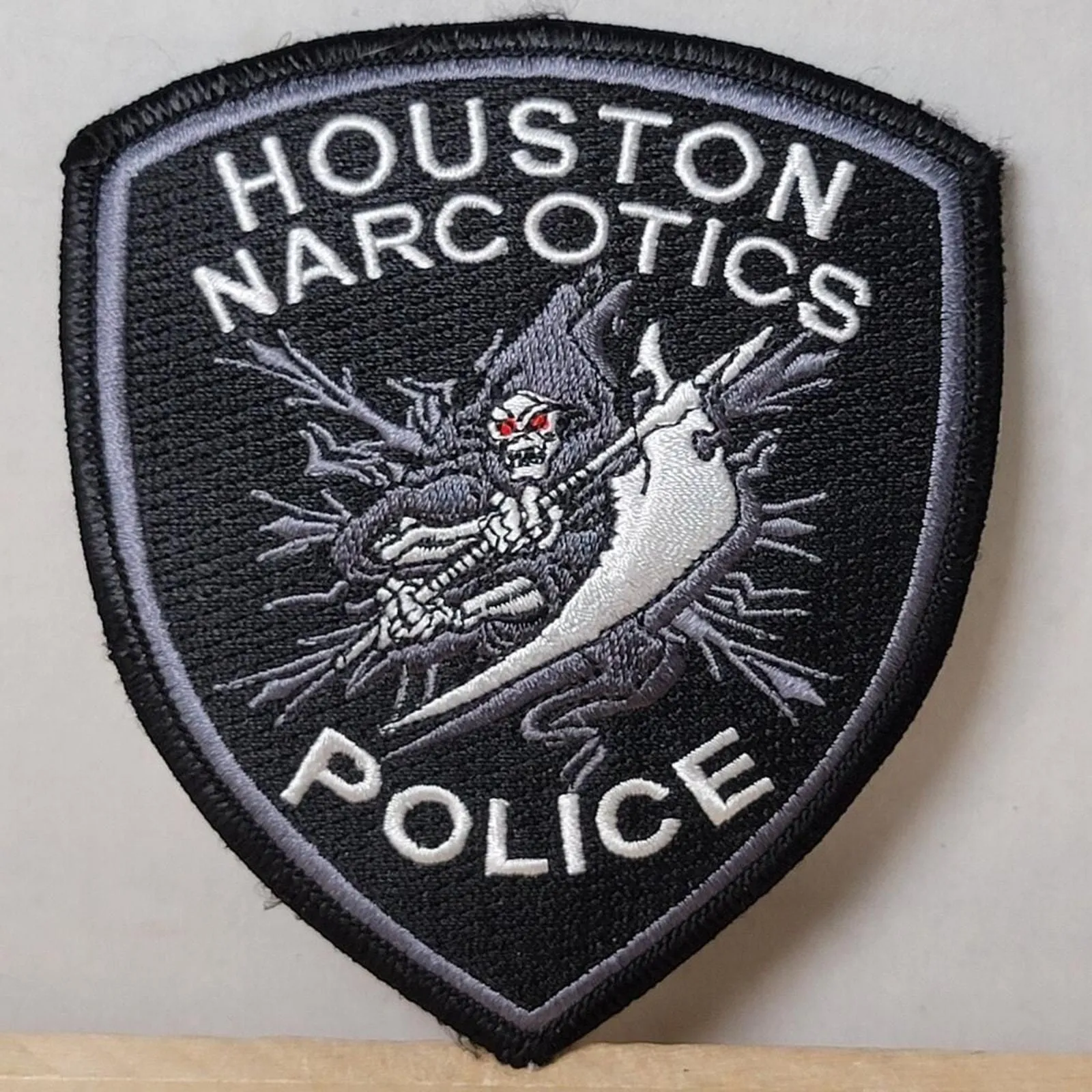 Product image for Houston Narcotics Police Black Iron On Patch w/ Grim Reaper - NEW