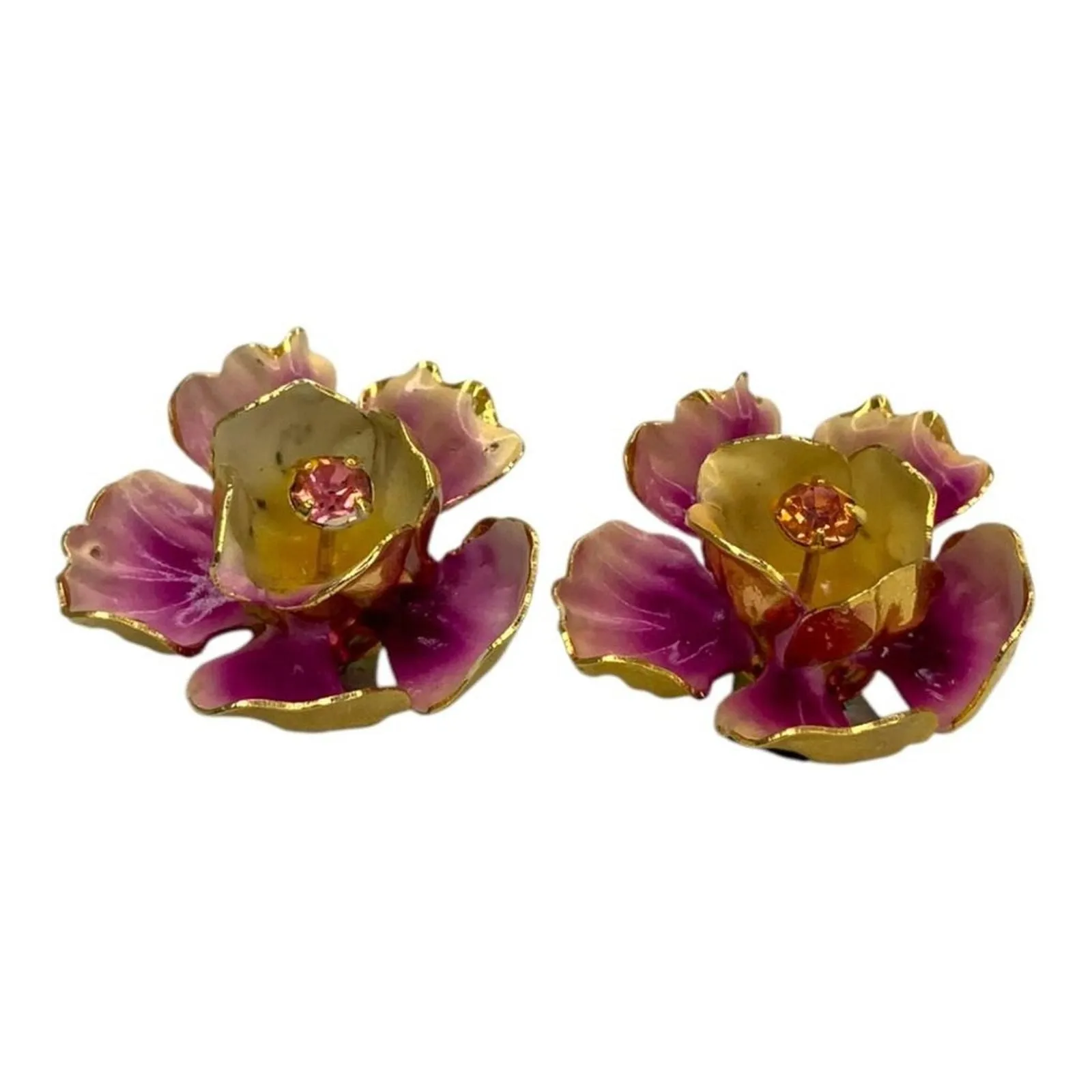 Product image for Vintage Austrian 3D Clip On Pink Gold Enamel Flower Earrings - pre-owned---good