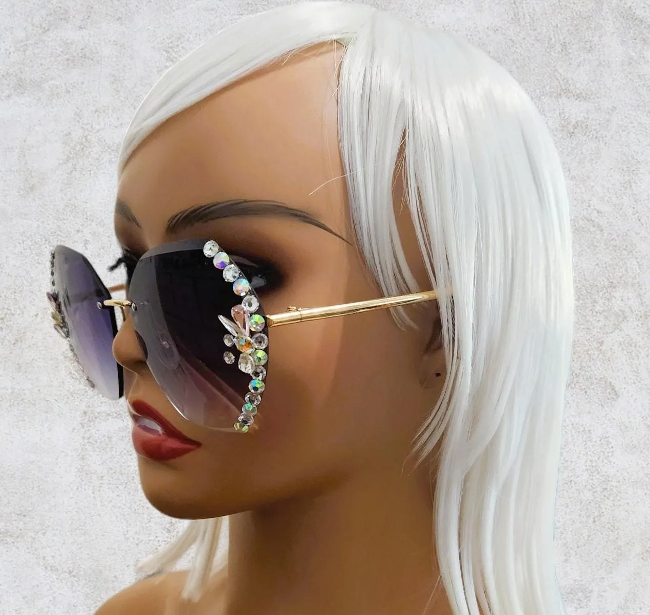Product image for Sunglasses Women Purple Rimless Rhinestone Oversized Shades