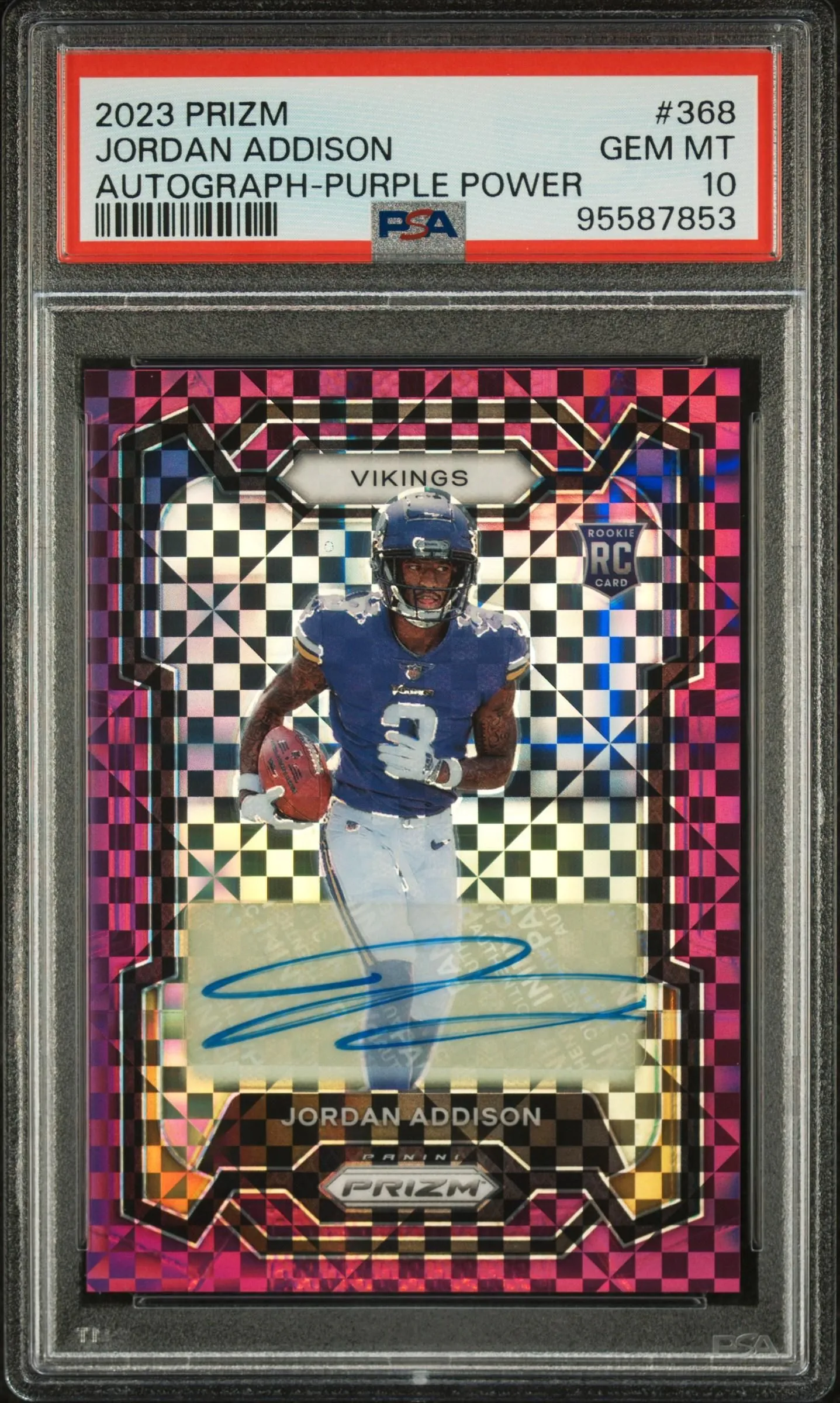 Product image for Jordan Addison 2023 Panini Prizm #368 Purple Power /49 RC Auto PSA10 GEM MT