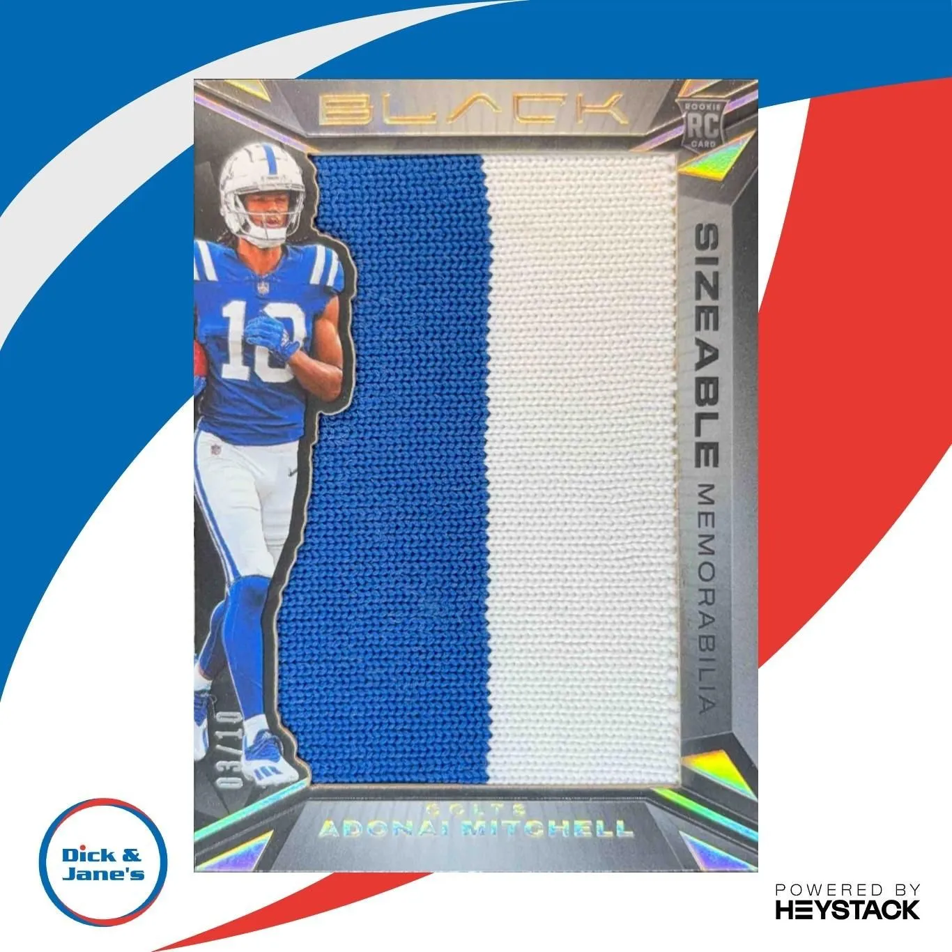 Product image for 2024 Panini Black Adonai Mitchell Sizeable Rookie Memorabilia Gold 3/10 Auto - Excellent - Football - SR-AML - N/A - Adonai Mitchell - Black - N/A - false - Sizeable Rookie Memorabilia Gold