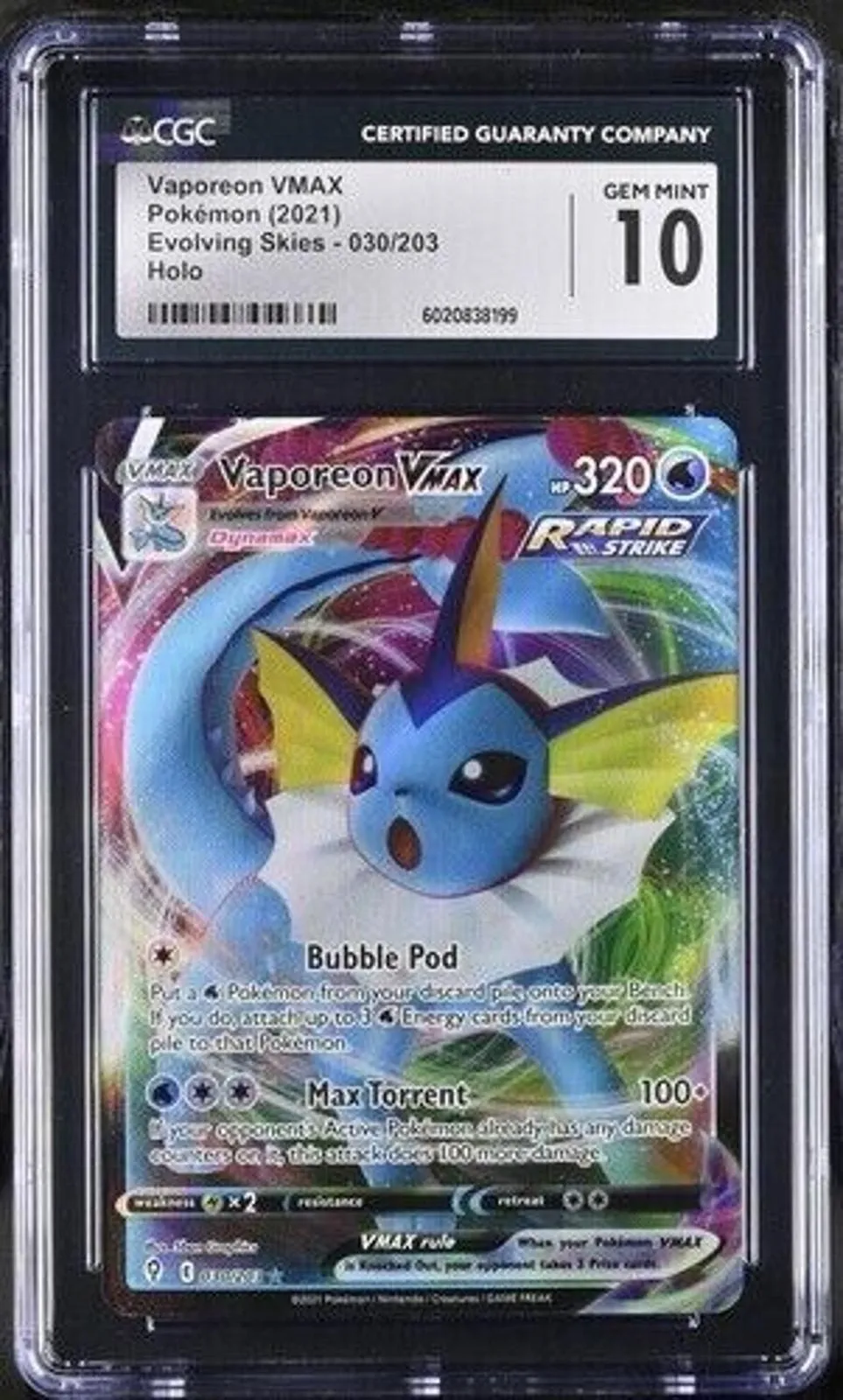 Product image for Pokémon TCG Vaporeon Vmax Evolving Skies 30/203 Holo Ultra Rare CGC 10 Gem mint