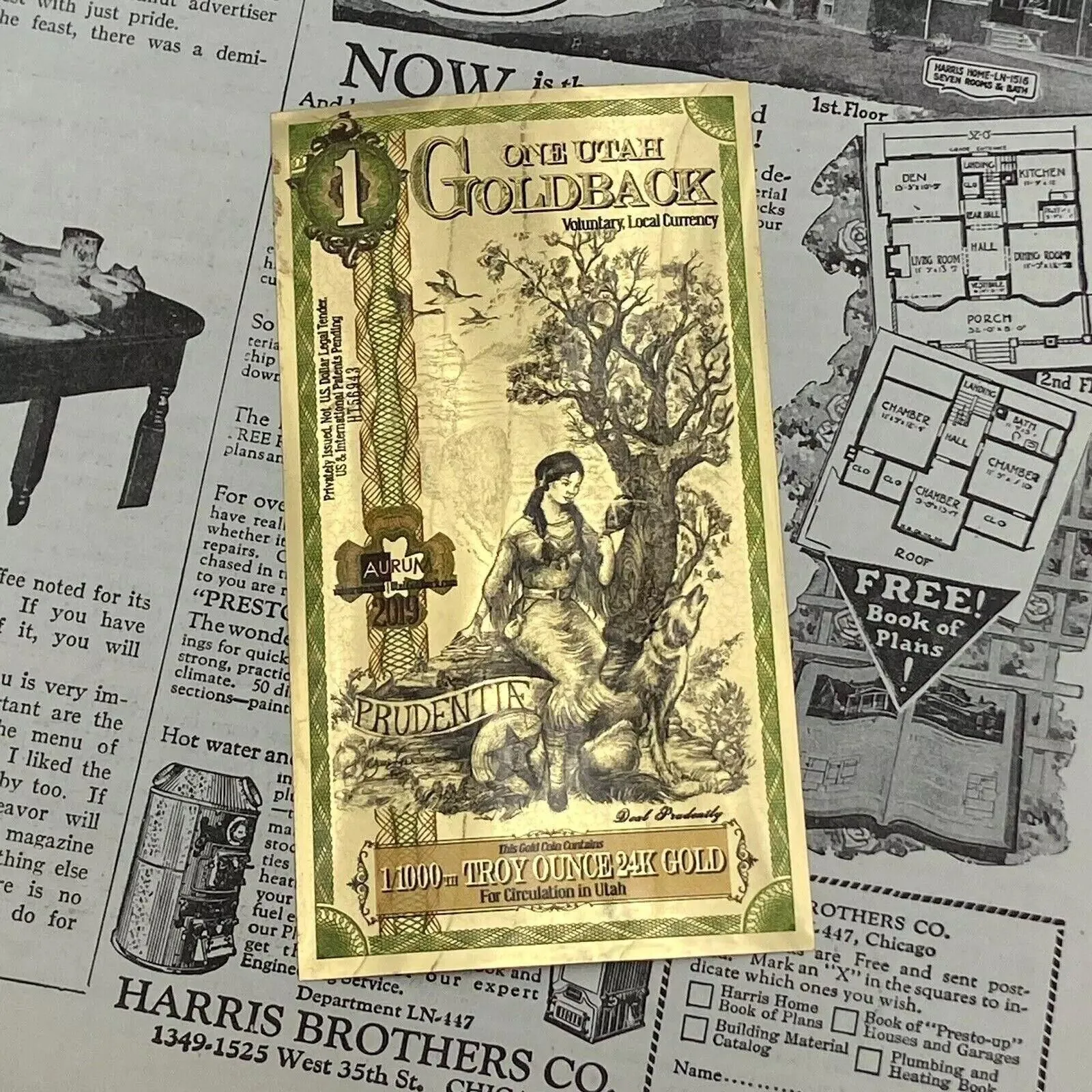 Product image for 1 Utah Goldback 2019 FIRST ISSUE Aurum 24K .999 Fine Gold Foil Note 1/1000 oz