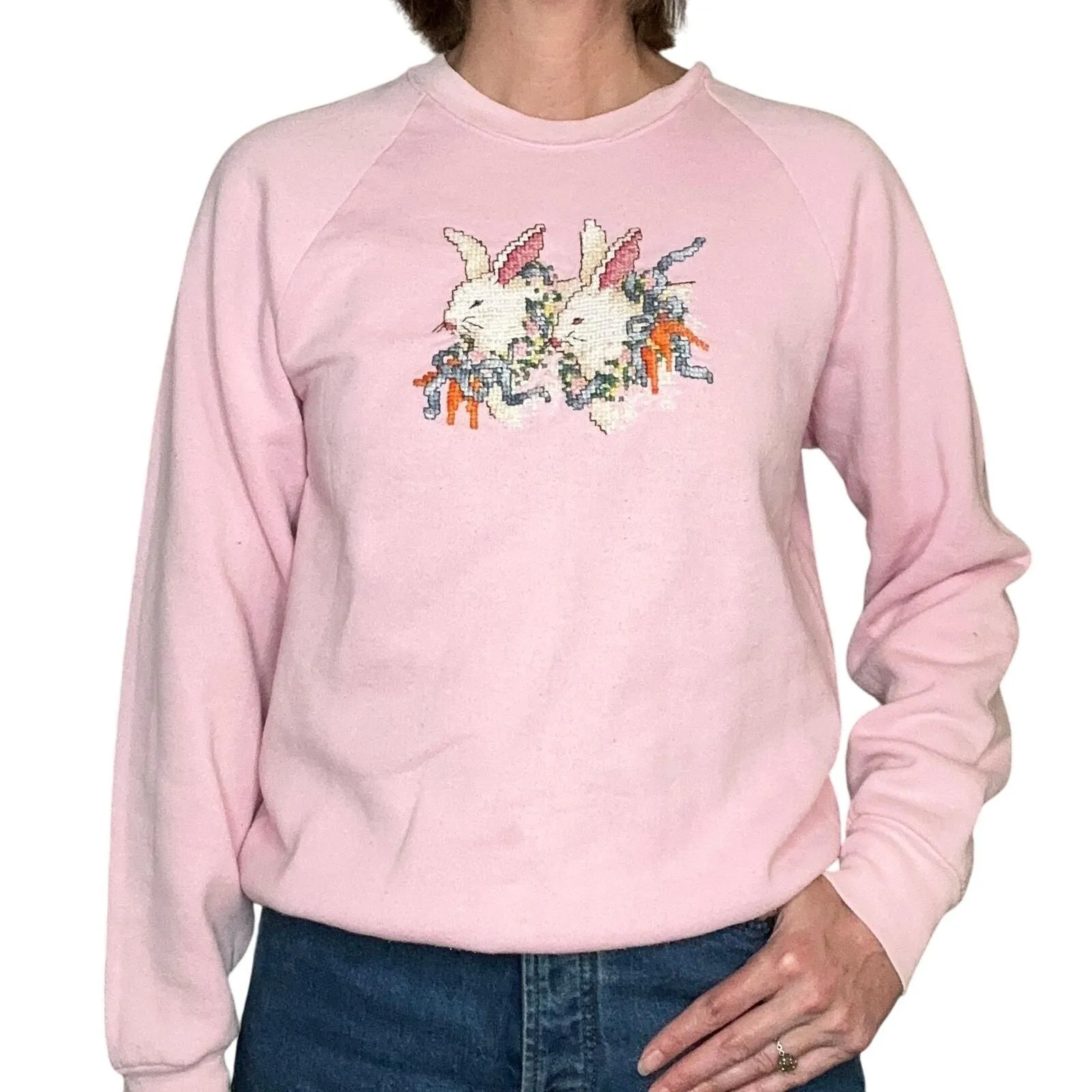 Product image for 80s Easter Bunny Cross stitched Pink Screen Stars Sweatshirt
