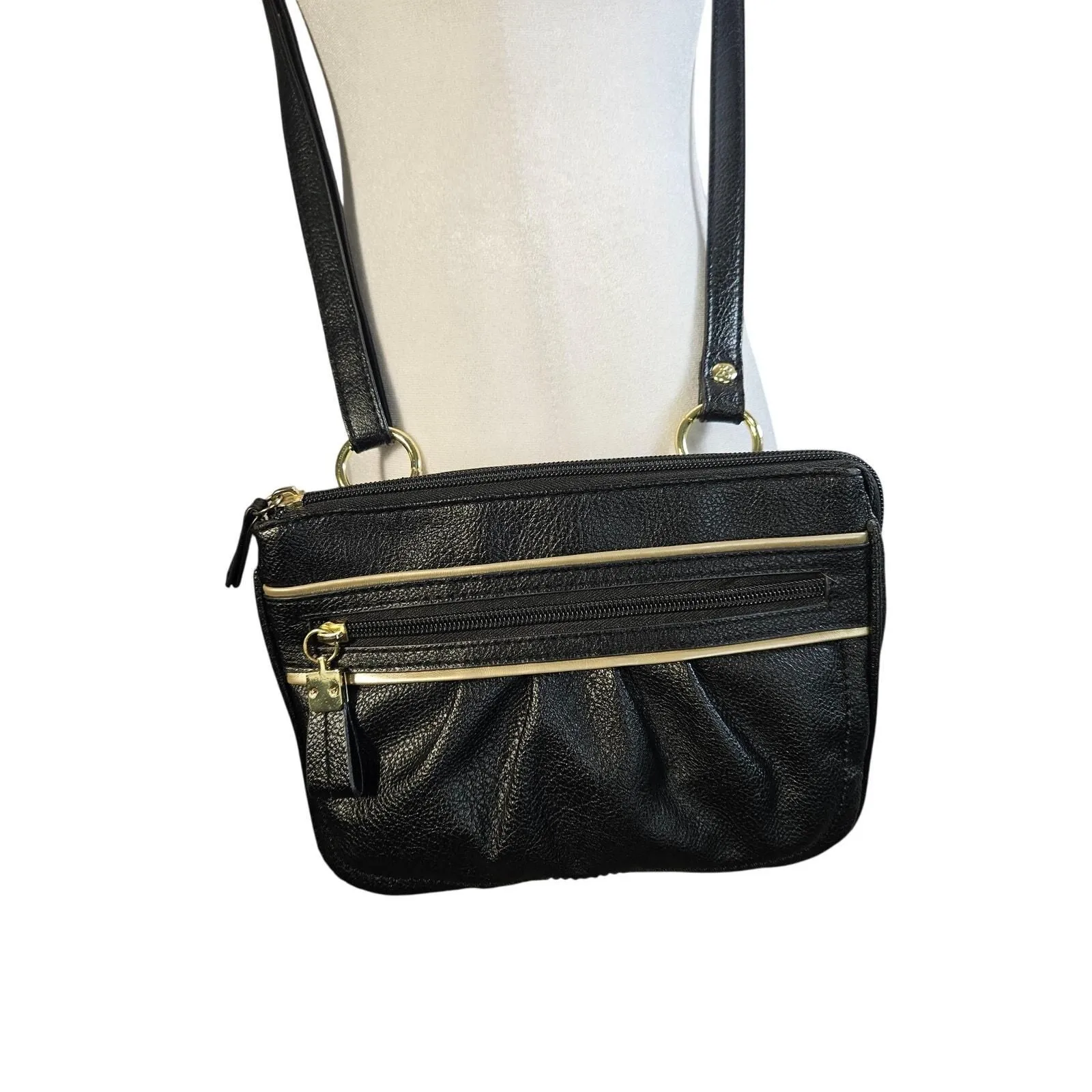 Relic Women's Crossbody Bag Black with Gold Piping Zippers Pockets