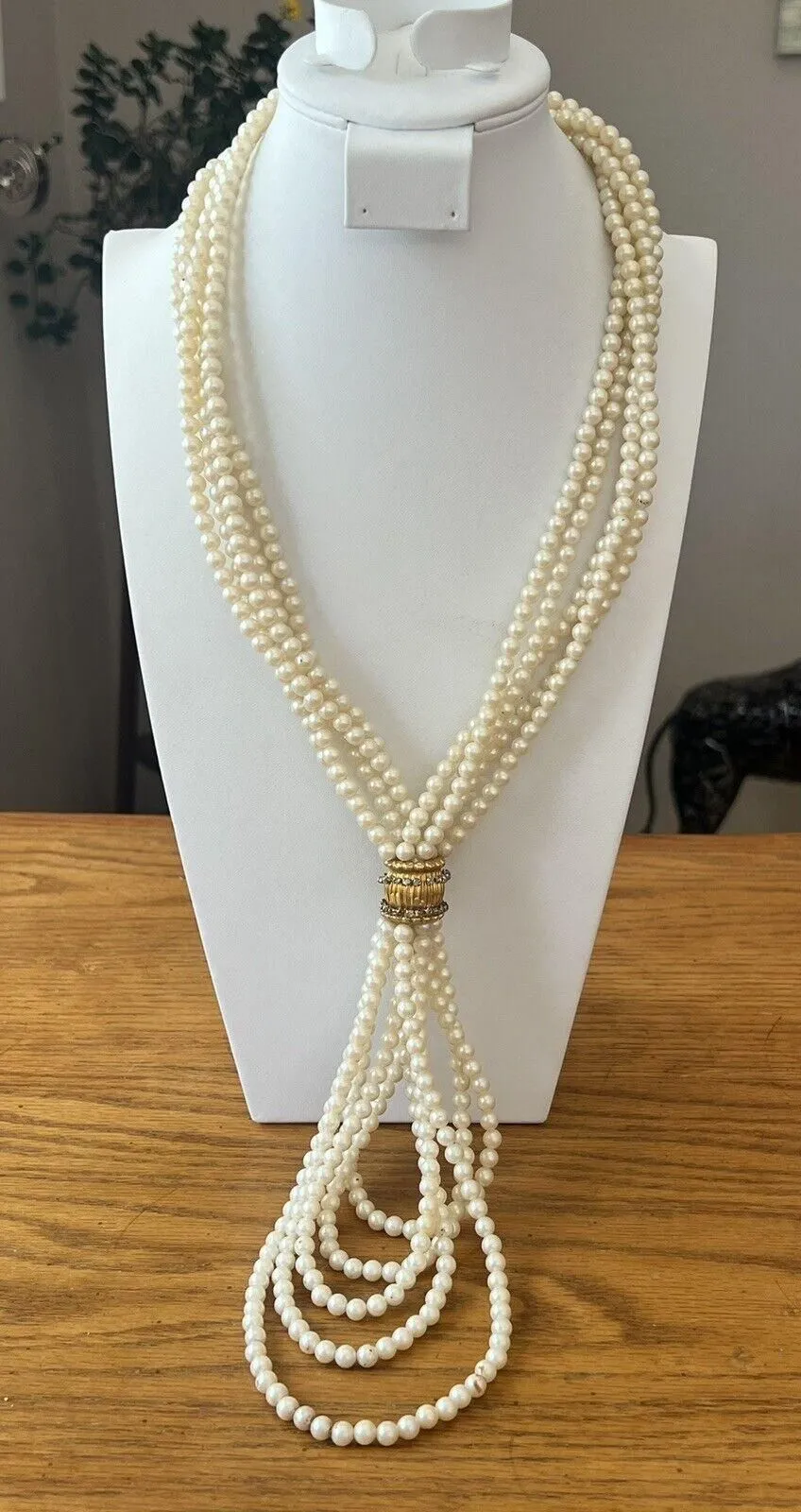 Product image for Vtg DELILLO Long Necklace Multi Strand Faux Pearl Beads String Knotted Signed