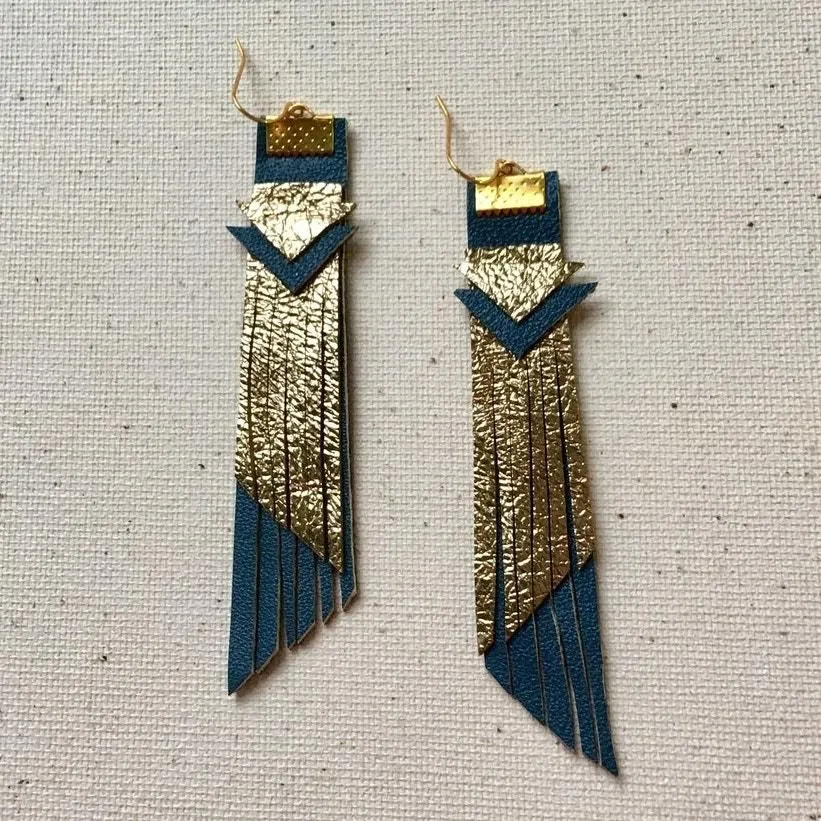 Product image for Artisan Handmade Metallic Gold And Green Leather Fringe Statement Earrings - new
