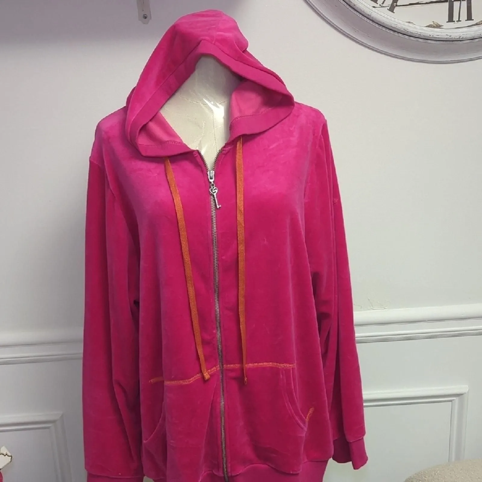 Product image for Lane Bryant Fuchsia Hooded Zip-Up Jacket with Orange Accents 18/20 - pre-owned---excellent - Lane Bryant