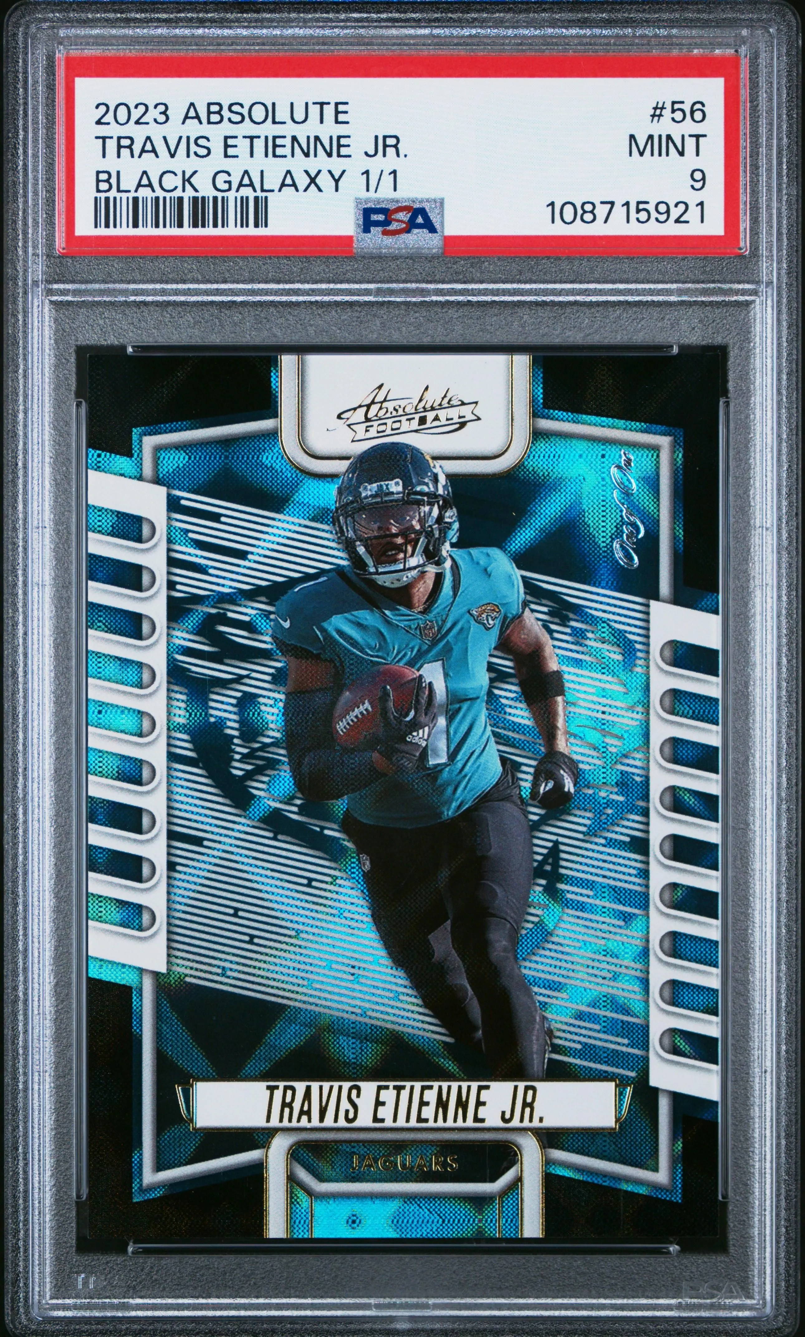 Product image for Travis Etienne Jr. 2023 Panini Absolute #56 Black Galaxy 1/1 PSA9 MINT Jaguars