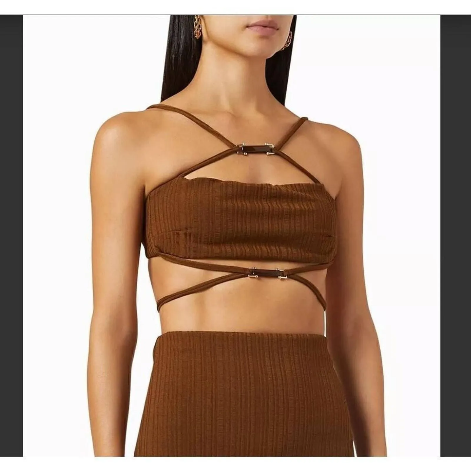 Product image for Rumer Womens Small Rossana Rib Knit Crop Top Brown Criss Cross Self Tie NWT - Rumer