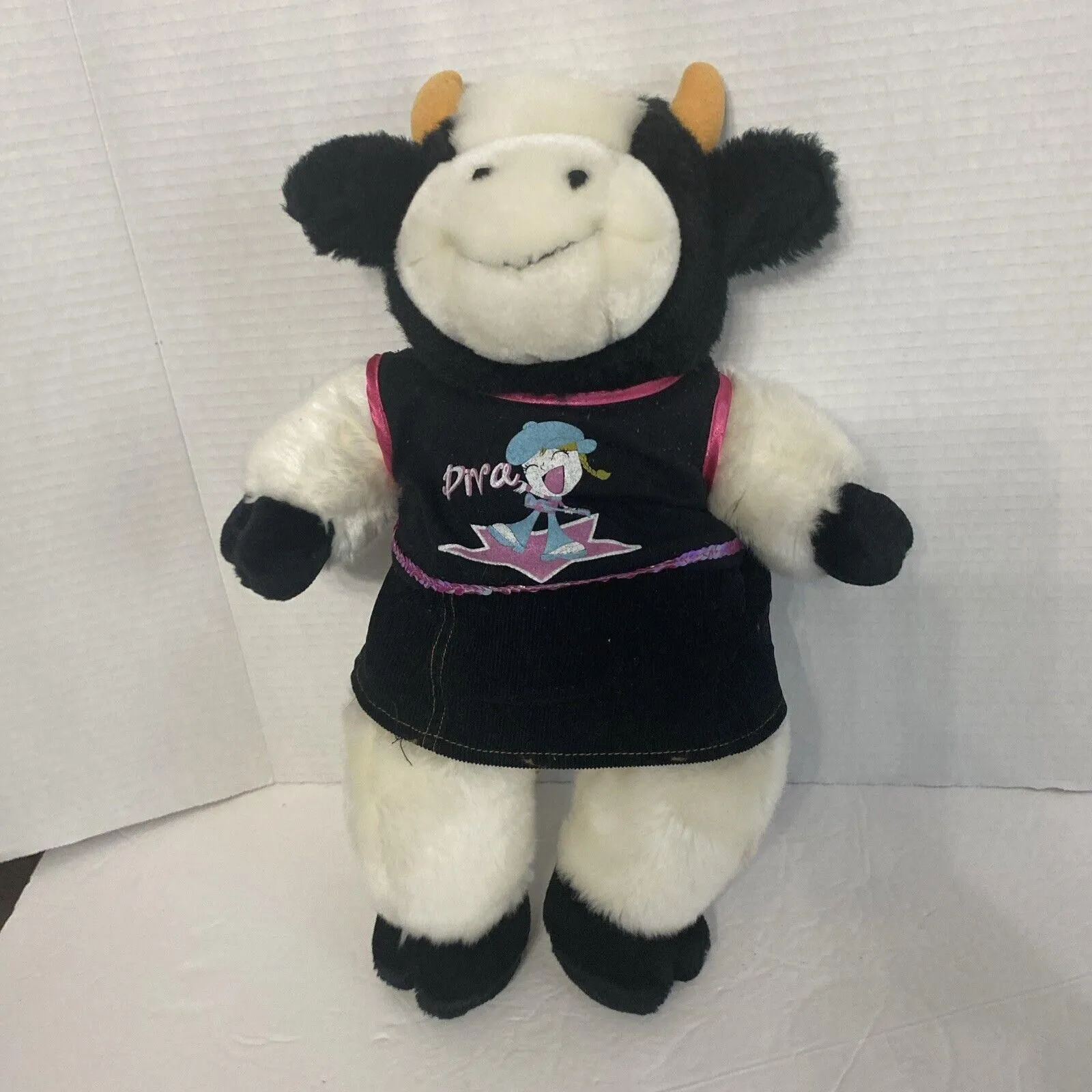 Product image for Bear Factory Black White Cow Plush 15" Stuffed Animal Horns Sits 2001 Diva Dress