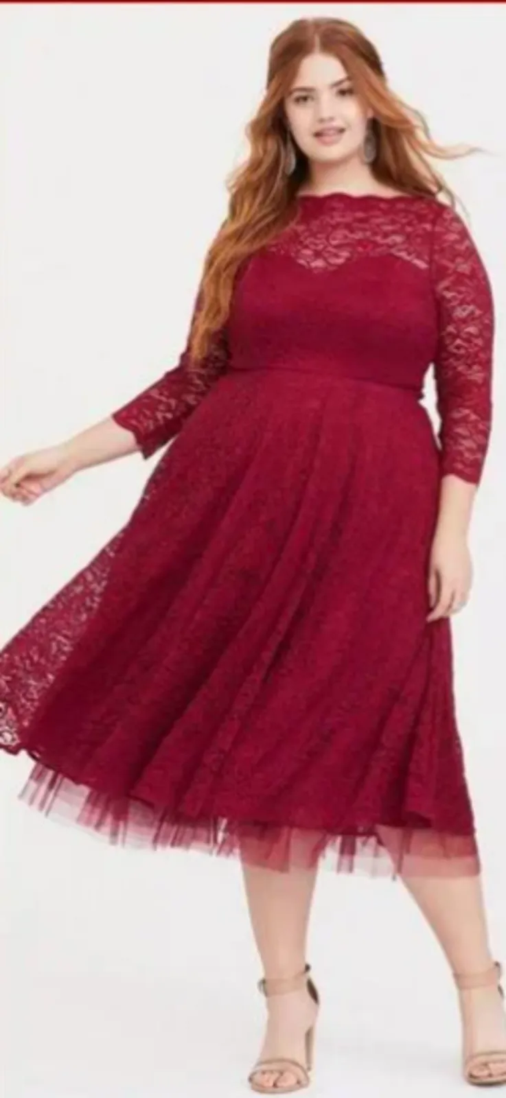 TORRID Red Firmal LACE Midi Illusion DRESS LACE SLEEVES SIZE 18 NWT - Torrid   Whatnot: Shop, Sell, Connect