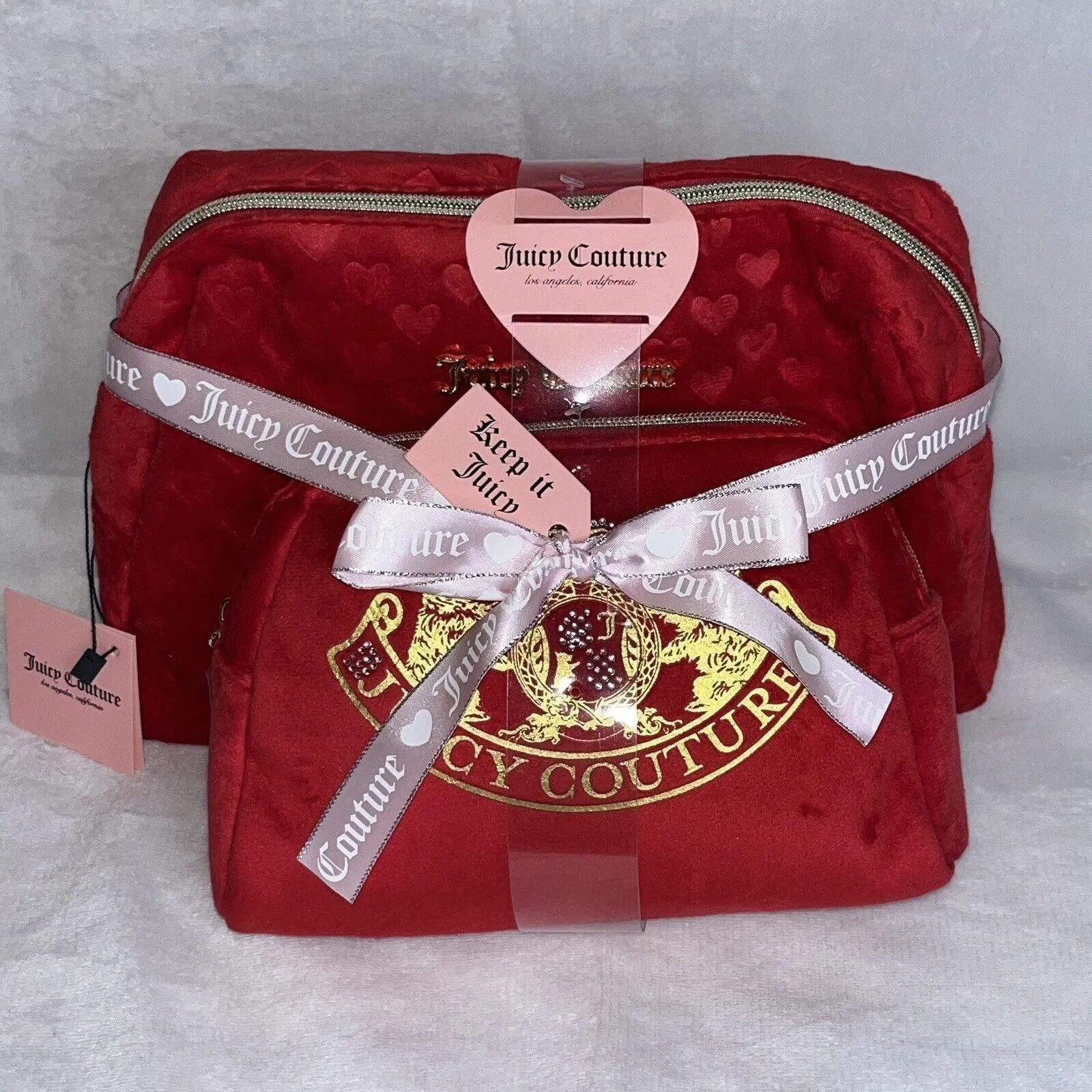 Product image for Juicy Coulture Red Hearts Plush 2 Piece Cosmetic Make Up Travel Bag HTF & NWT