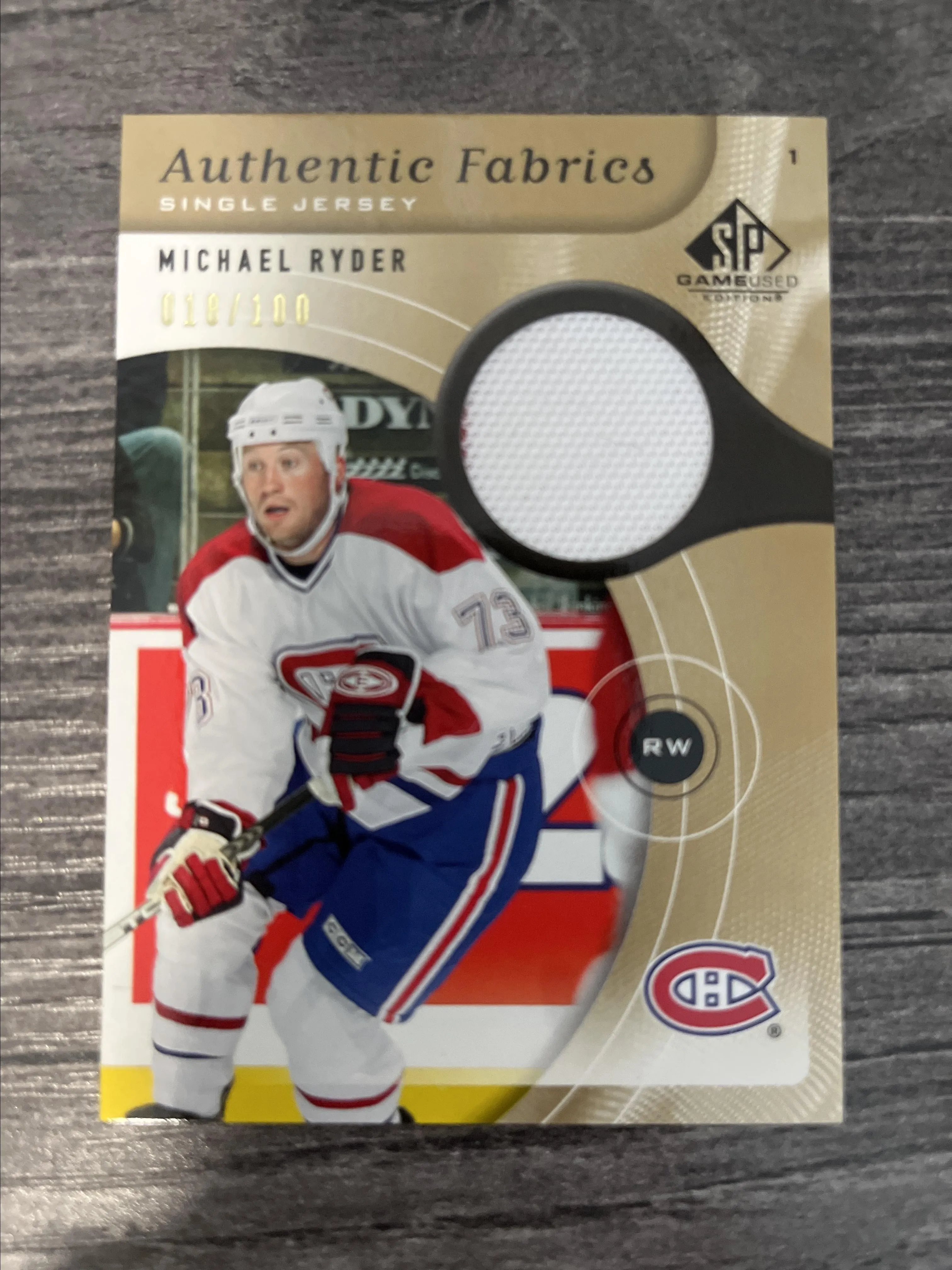 Product image for 2005-06 SP Game Used Michael Ryder Authentic Fabrics Jersey Gold /100 #AF-RY - Near Mint or Better - 2006 - Hockey - AF-RY - 018/100, Authentic Fabrics, Single Jersey - NHL - Upper Deck - Michael Ryder - 2005-06 Upper Deck SP Game Used - Montreal Canadiens