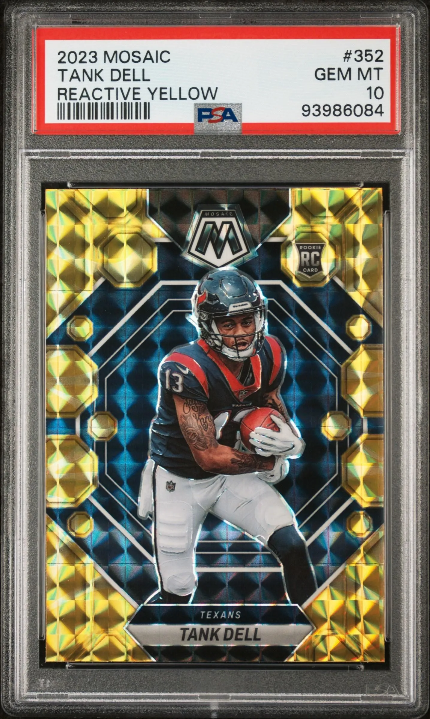 Product image for 2023 Panini Mosaic Tank Dell Reactive Yellow Rookie #352 PSA 10 GEM MINT Texans - 2023 - Football - 352 - Rookie - National Football League (NFL) - Panini - Tank Dell - 2023 Panini Mosaic - Houston Texans - 36
