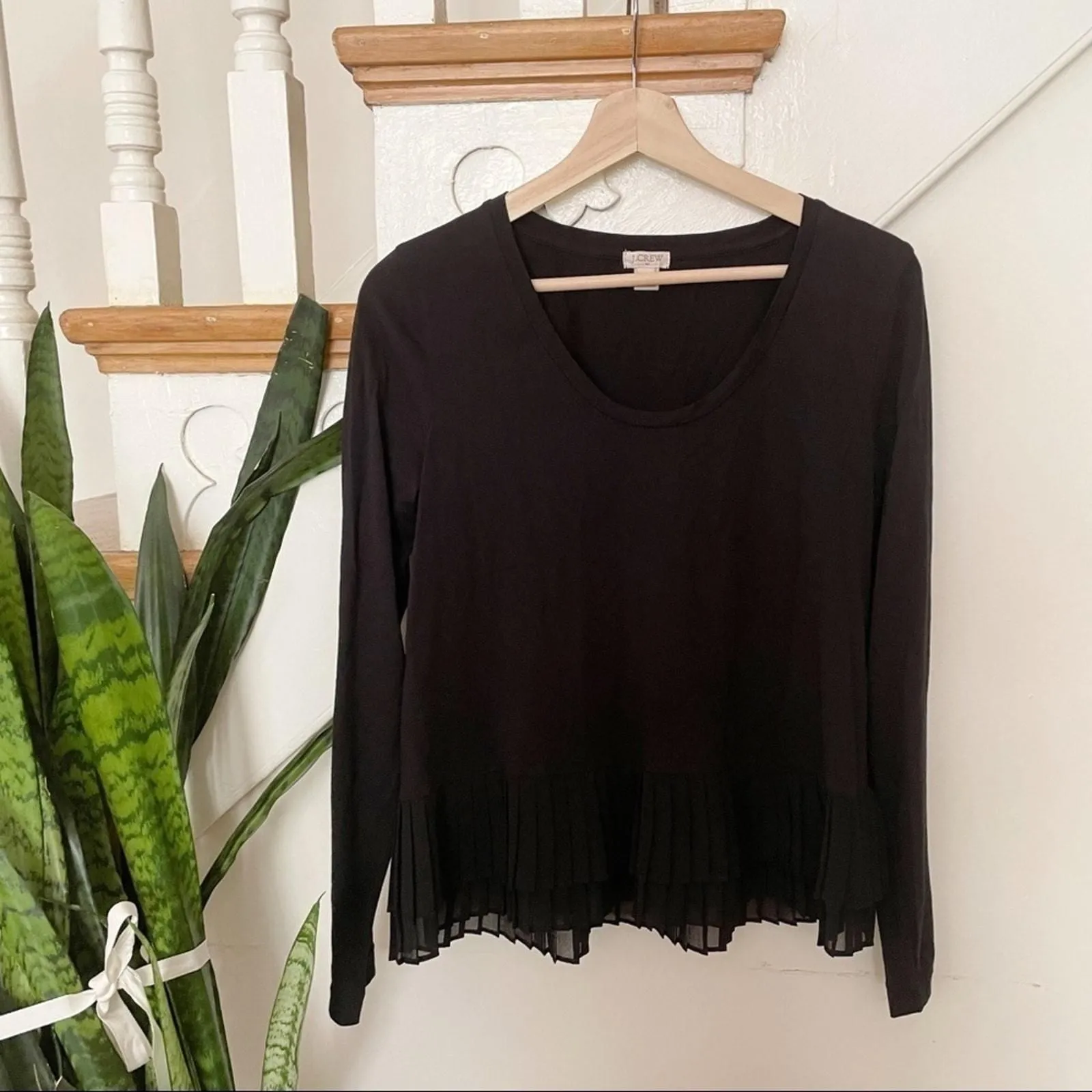 Product image for J.crew long sleeves black pleated trim blouse sz S - new-without-tags - J. Crew