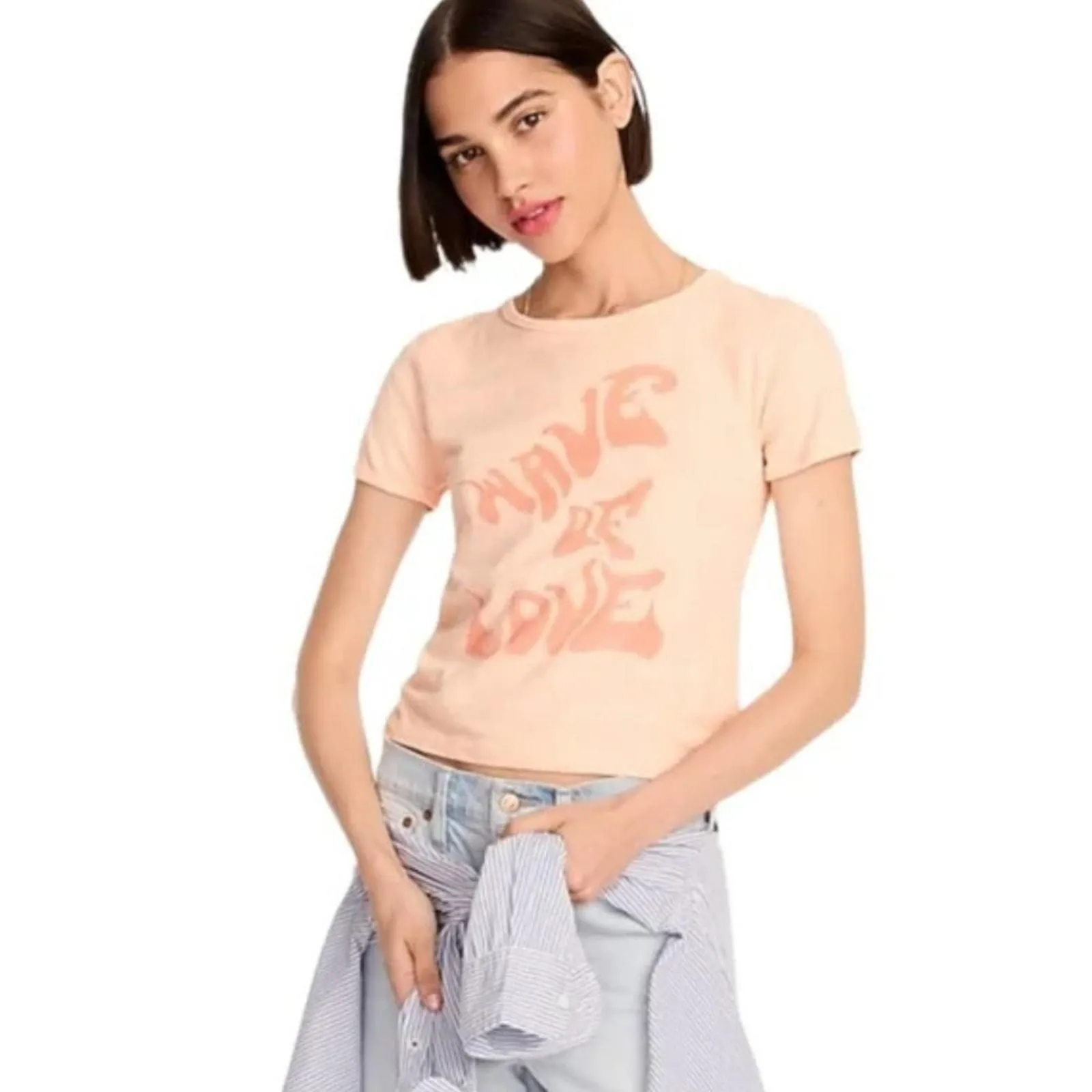 Product image for J. Crew NWT Cropped "Wave of love" Cotton Crew Neck Tee Iced Peach Size S - new-with-tags - J. Crew