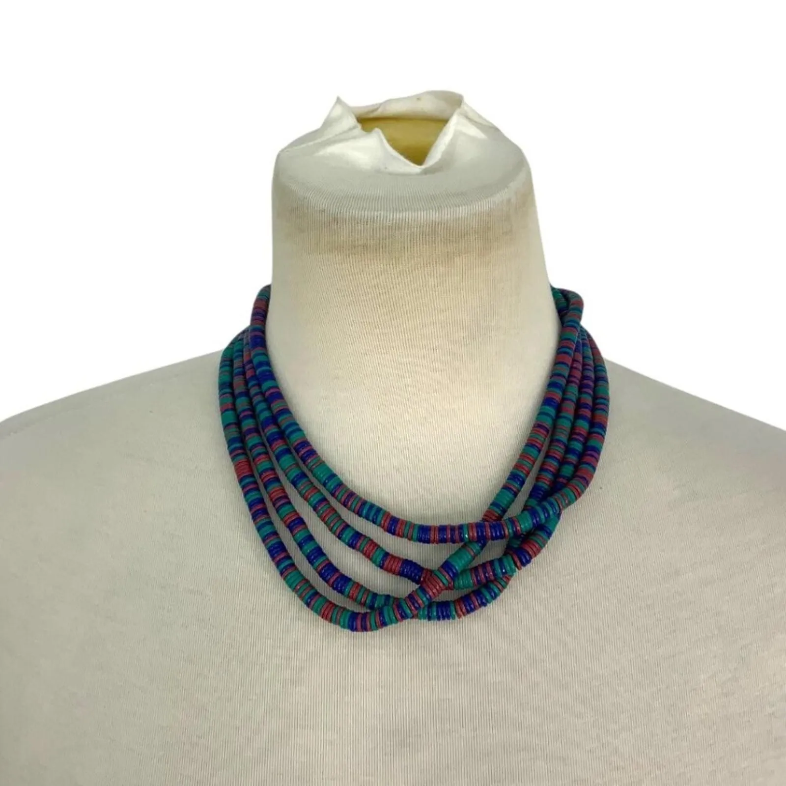 Product image for Vintage Heishi Beaded Long Double Strand Necklace Blue Teal Pink