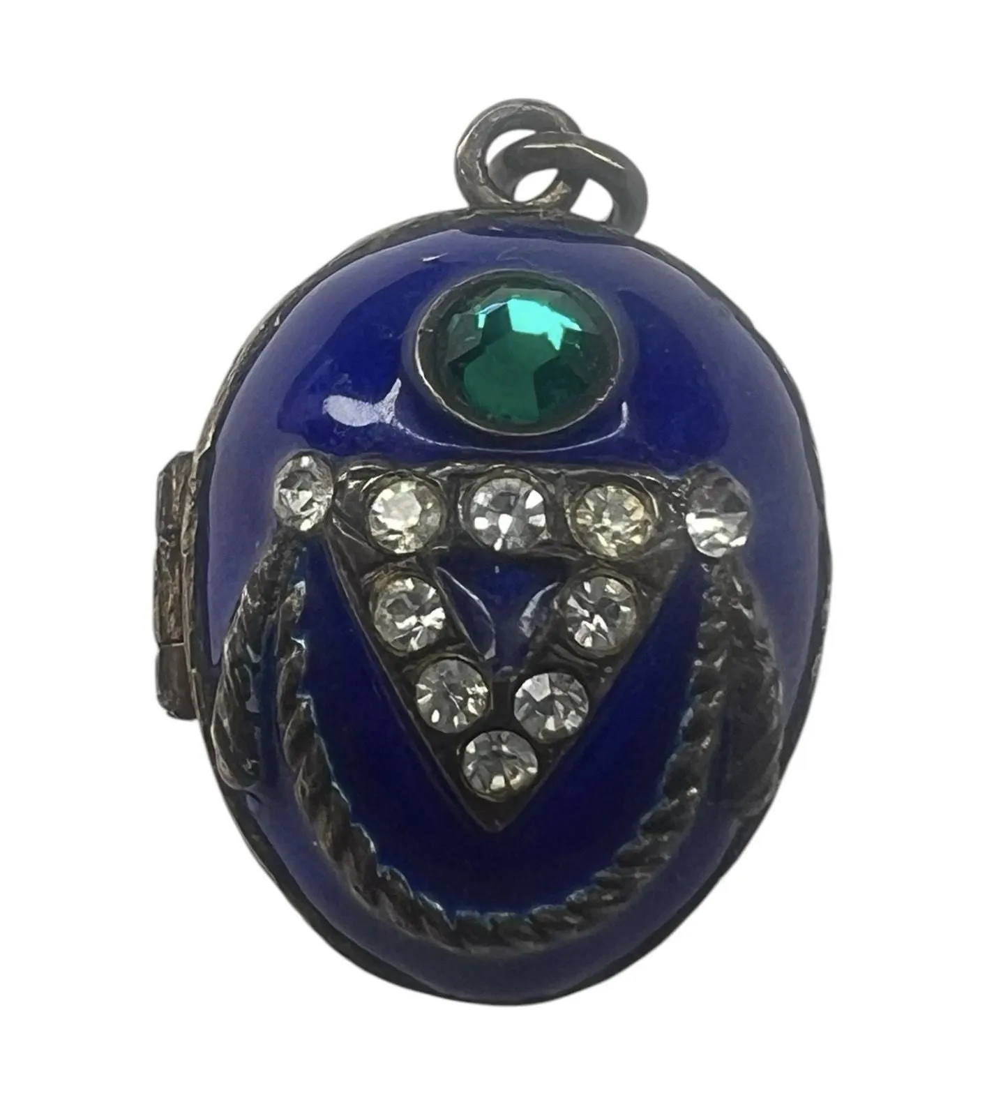 Product image for Vtg Enamel Sterling Egg Shape Victorian Rhinestone Pendant Locket Key Charm 1”