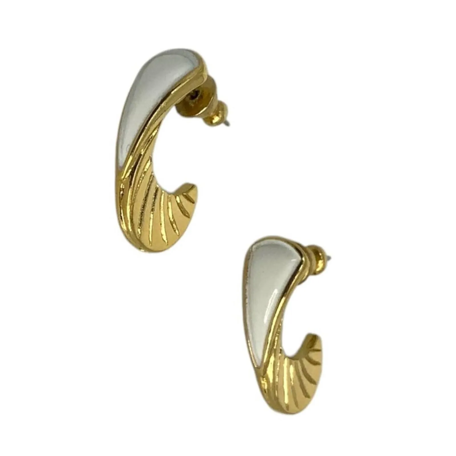 Product image for Trifari Vintage White Enamel Gold Tone Crescent Hoop Earrings - pre-owned---good